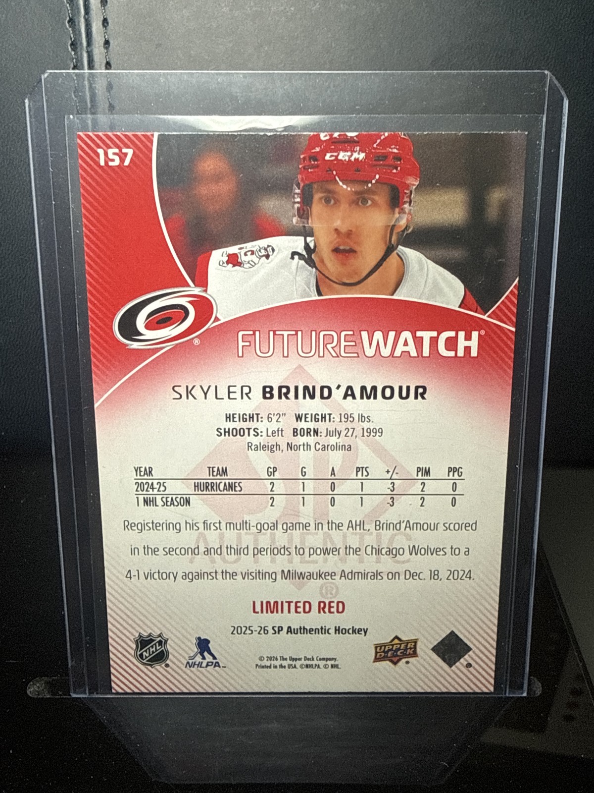 2025-26 SP Authentic #157 Skyler Brind’Amour Limited Red