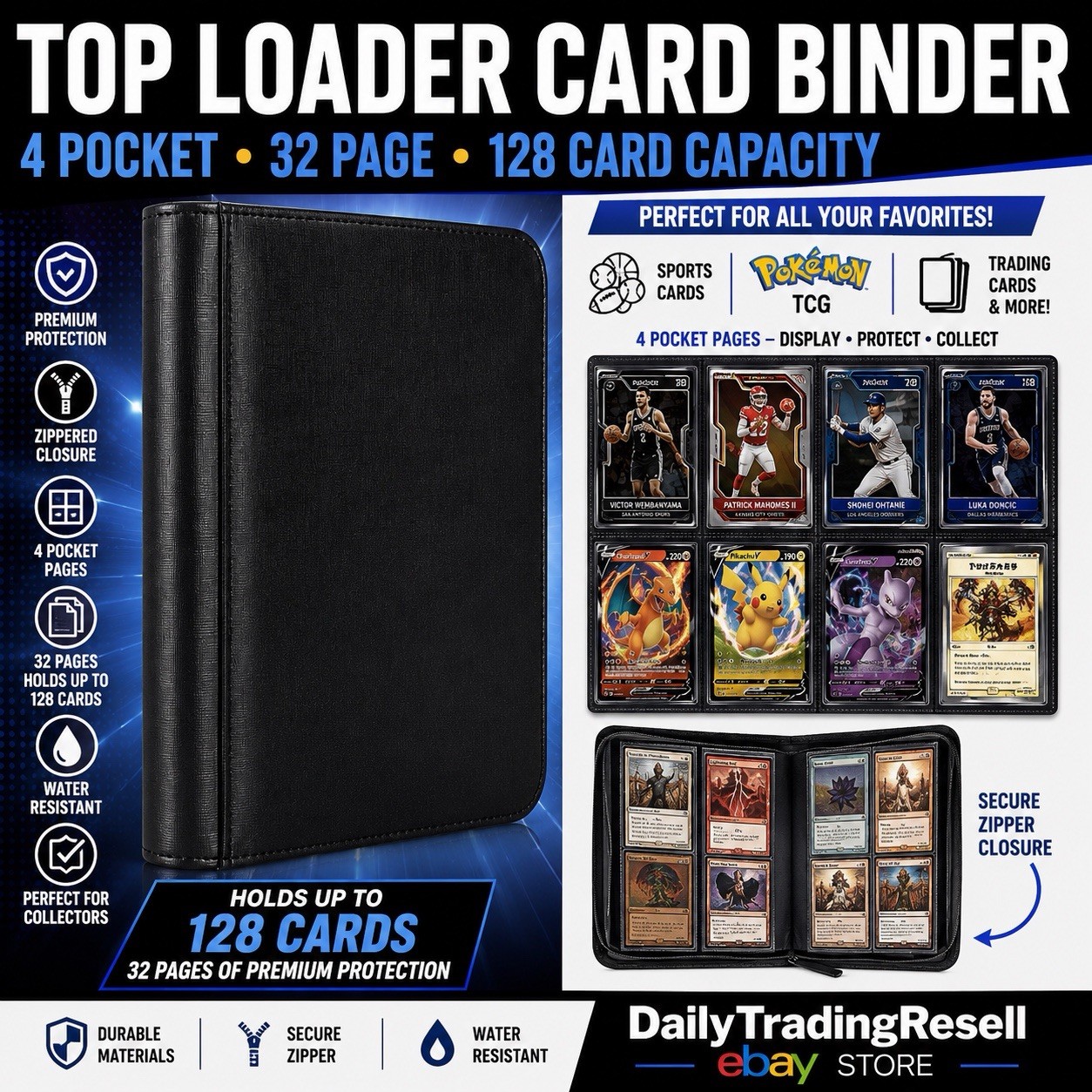 Top Loader Binder 4 Pocket – Black – Card Album Zippered Toploader 35pt Case NEW