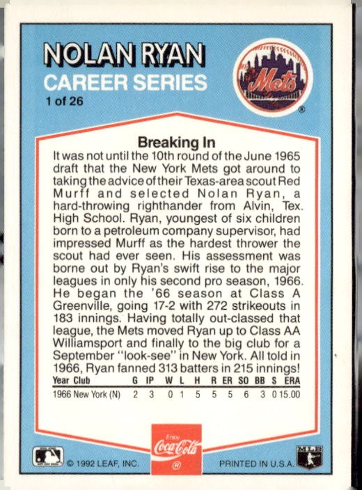 1992 Donruss Coca-Cola Nolan Ryan #1 Nolan Ryan New York Mets Baseball