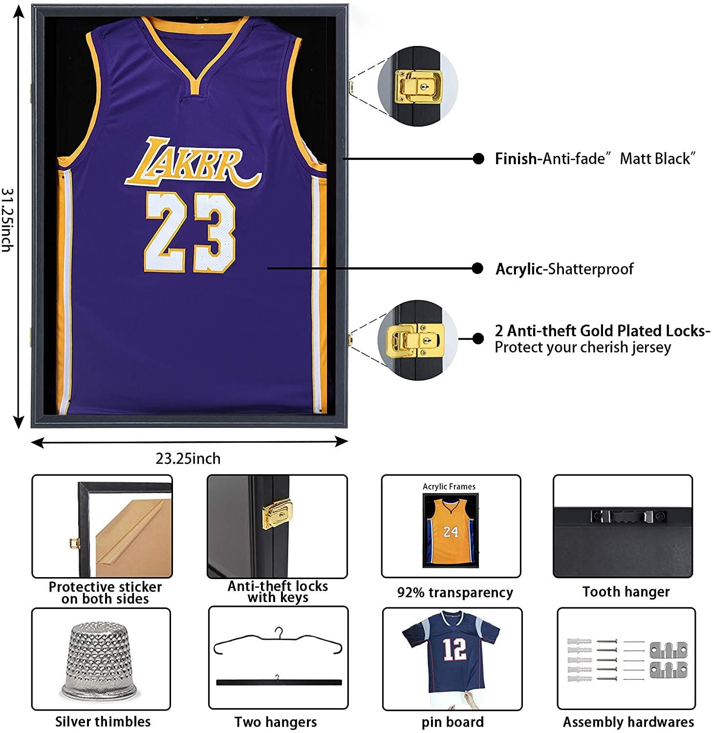 Jersey Frame Display Case, Large Lockable Shadow Box Sports Jersey Frame with…