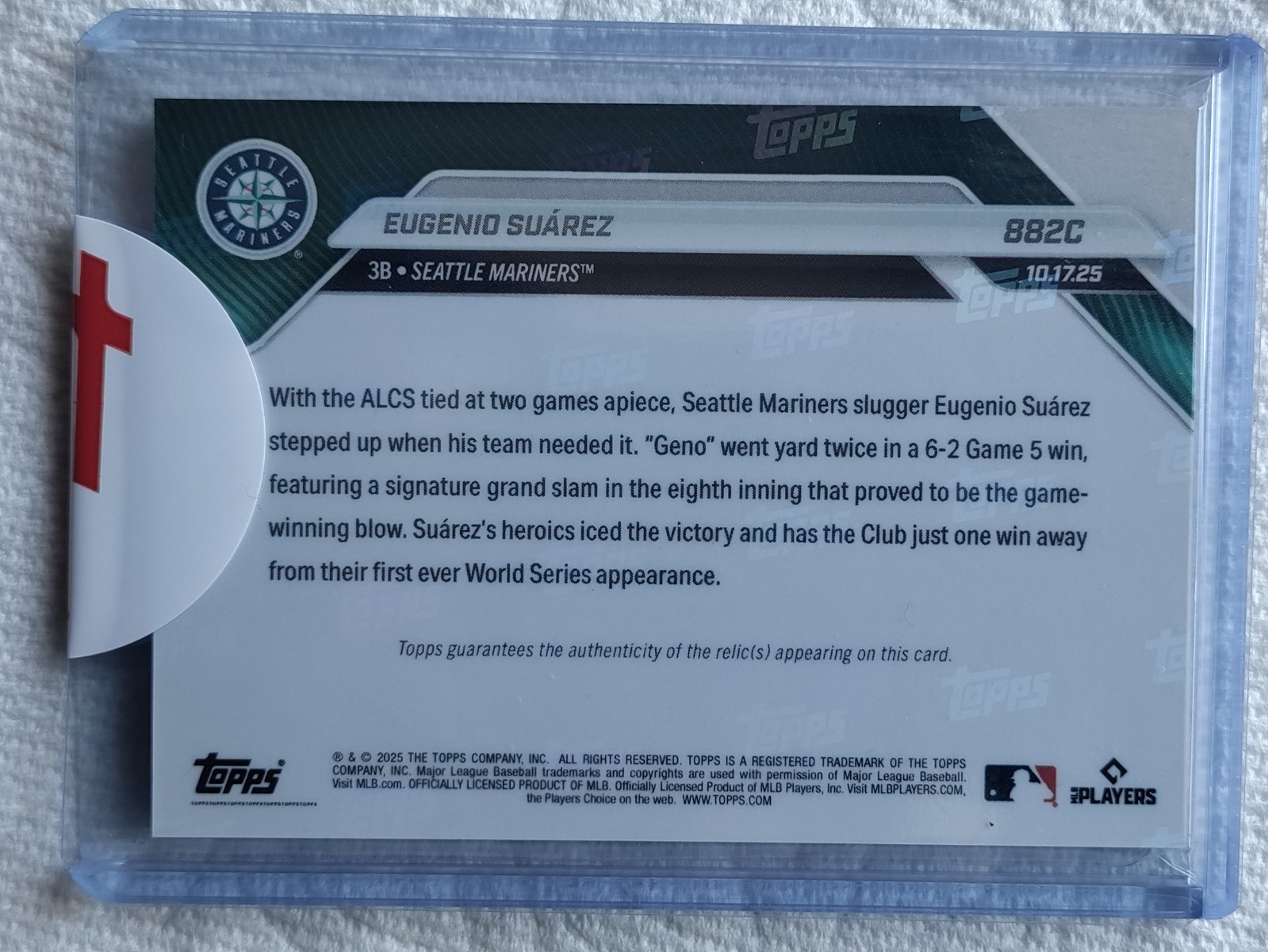 Topps NOW Baseball Game-Used Base Relic Card – Red Parallel – Eugenio Suárez /5