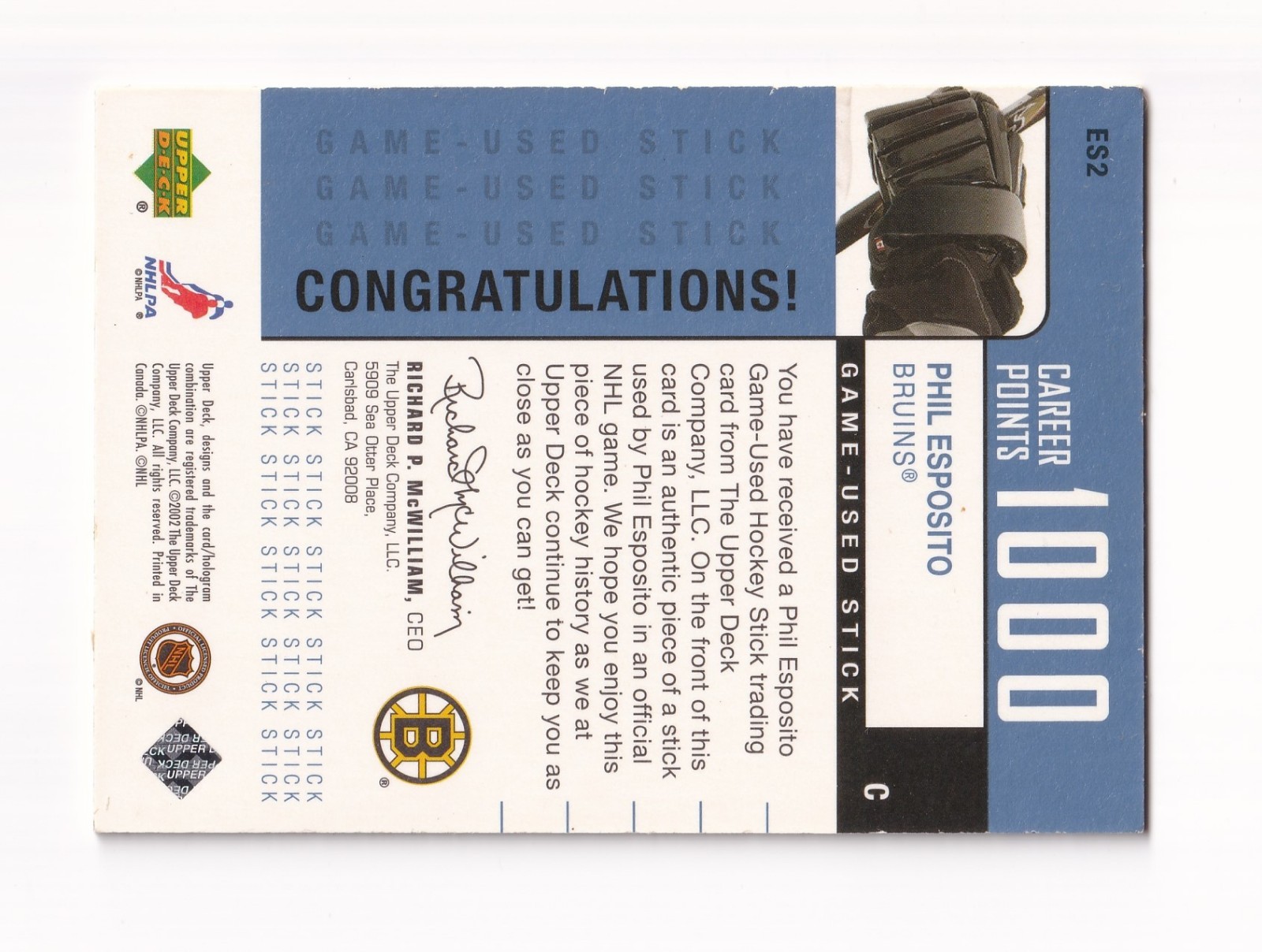 2002-03 Upper Deck Foundations 1000 Point Club #ES2 Phil Esposito SN108/ 150