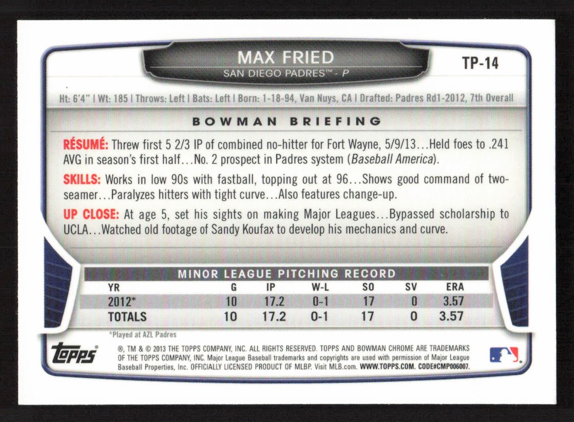 2013 Bowman Draft Picks & Prospects Max Fried Chrome Top Prospects #TP-14 QTY!