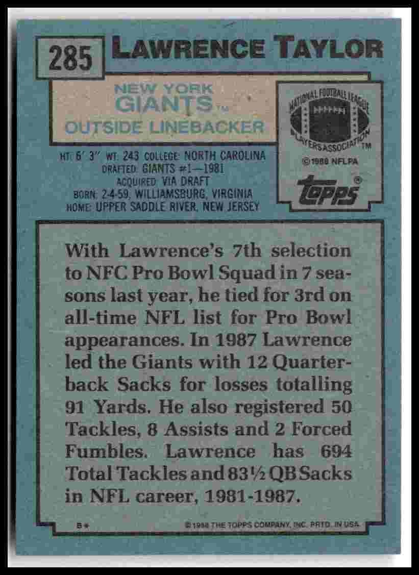 1988 Topps #285 Lawrence Taylor