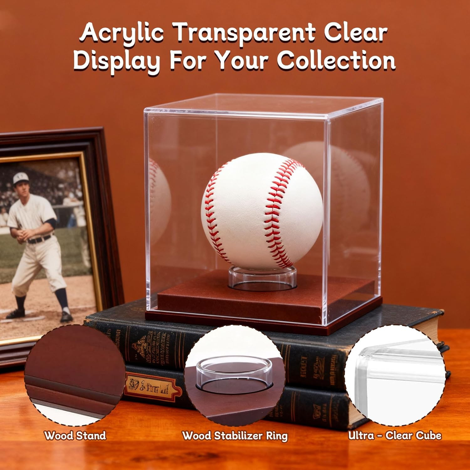 Baseball Display Case – Clear Acrylic Cube with Wooden Base, UV Protected Displa