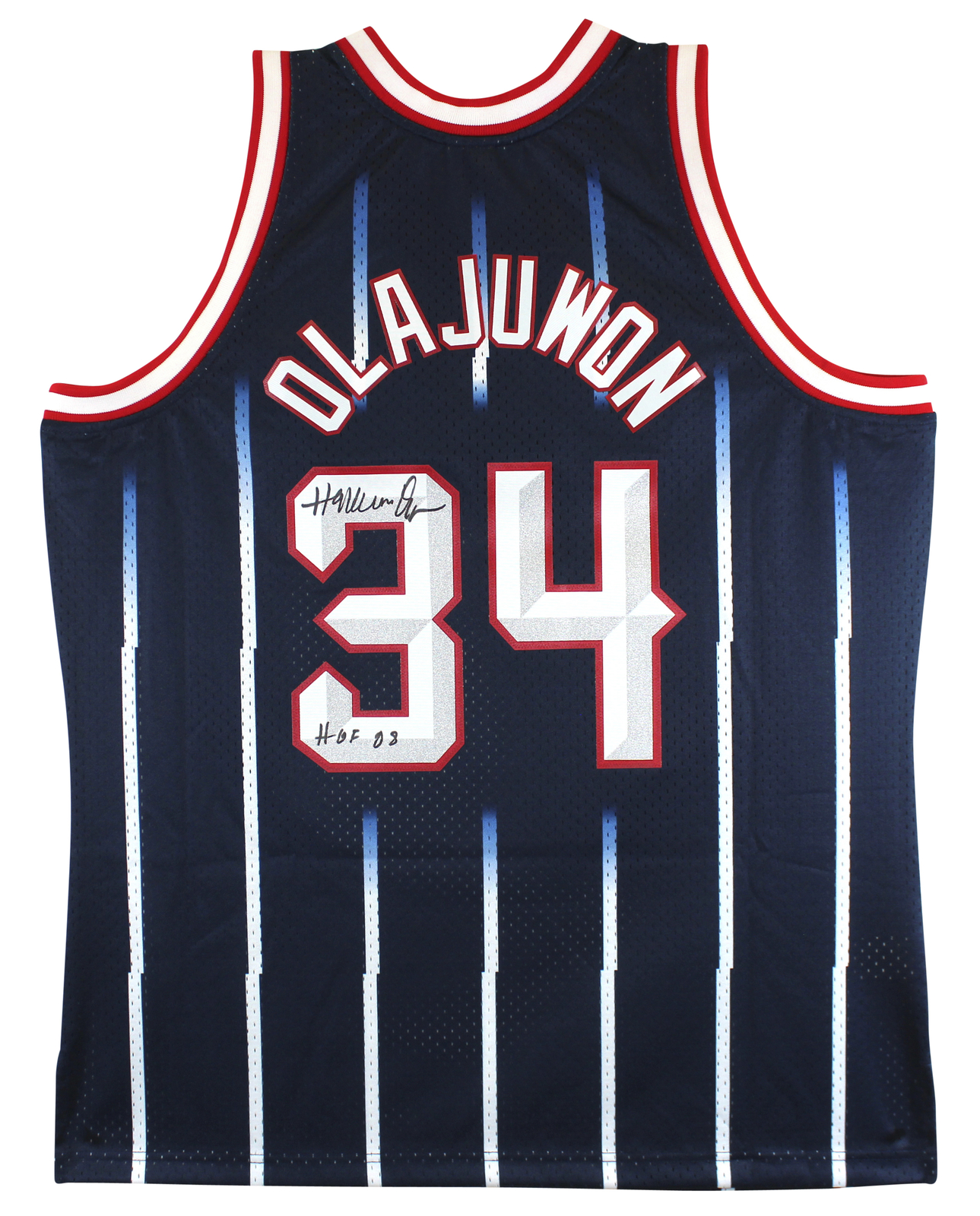 Rockets Hakeem Olajuwon “HOF 08” Signed Navy Blue Mitchell & Ness Jersey BAS Wit