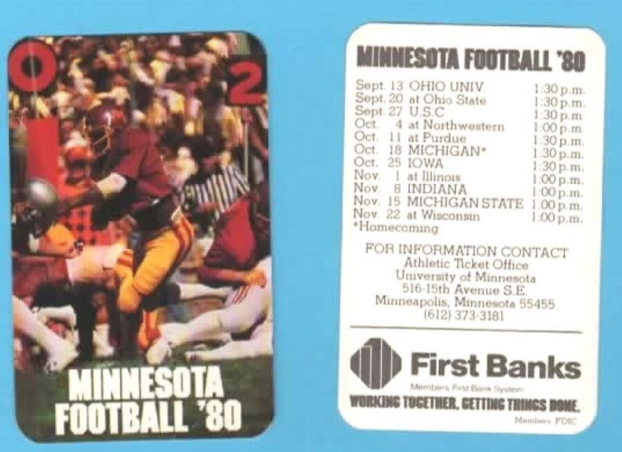 NCAA FOOTBALL 1980 MINNESOTA pocket schedule
