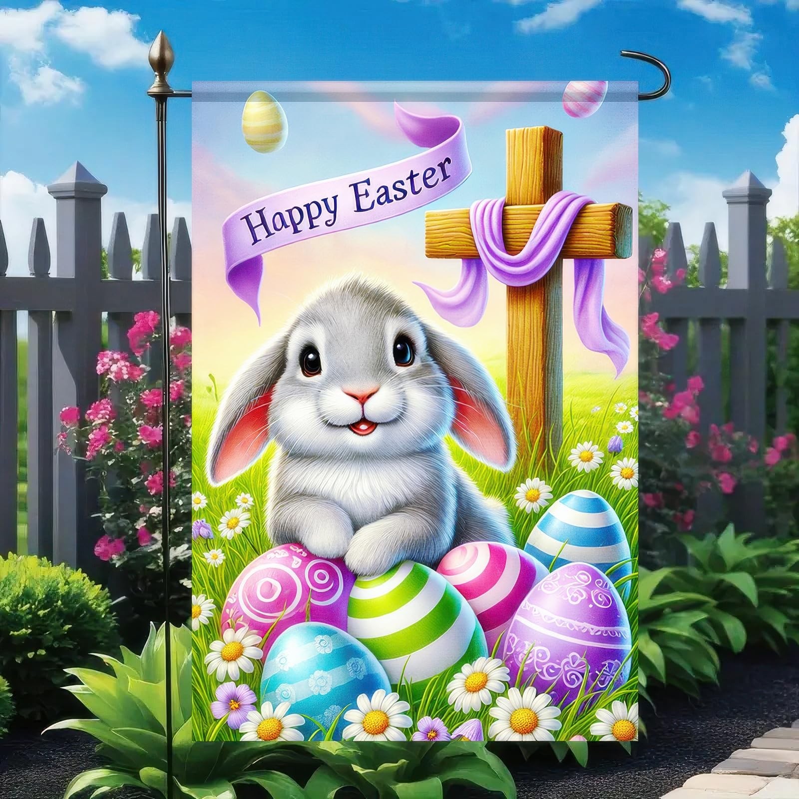 Easter Garden Flag 12×18 Double Sided Christian Bunny Yard Flag He Is Risen C