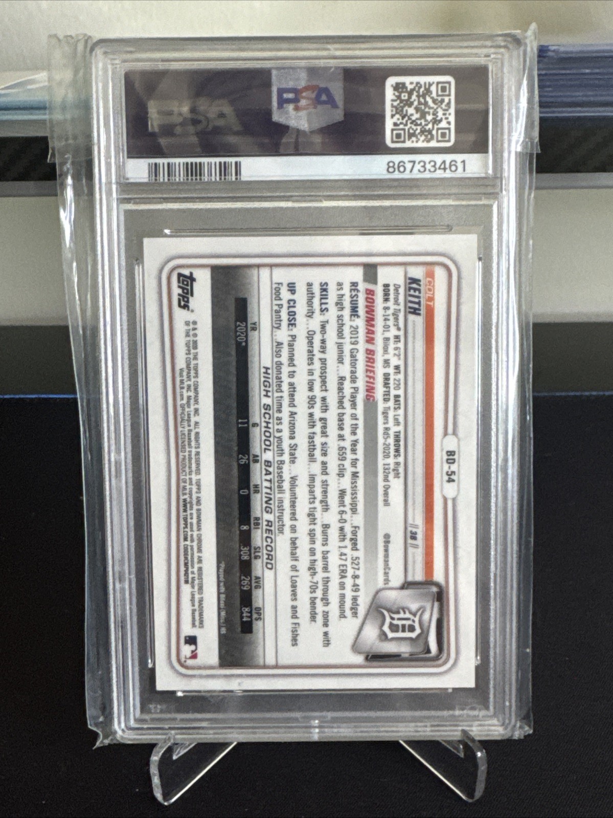 2020 Bowman Draft – Chrome Colt Keith #BD-54 Green Refractor /99 (RC) PSA 9