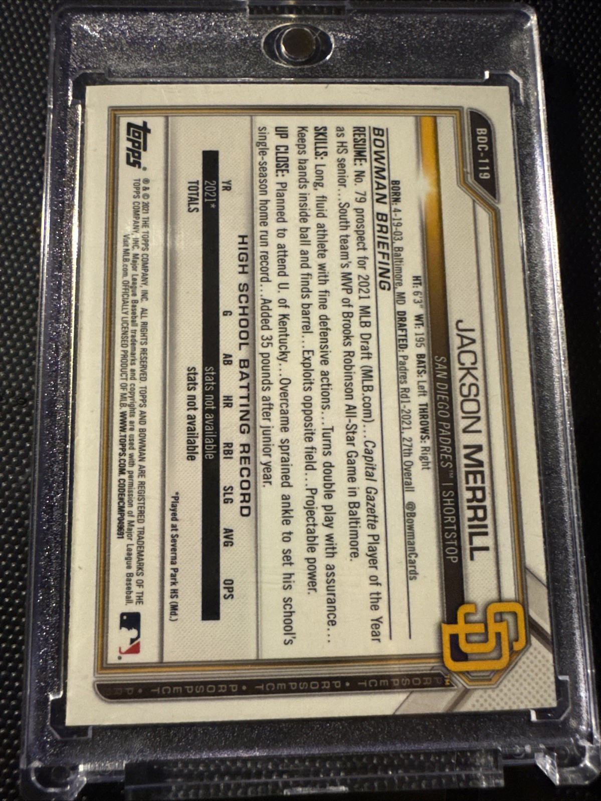 2021 Bowman Chrome Draft – Jackson Merrill – Sapphire Edition Padres 1st