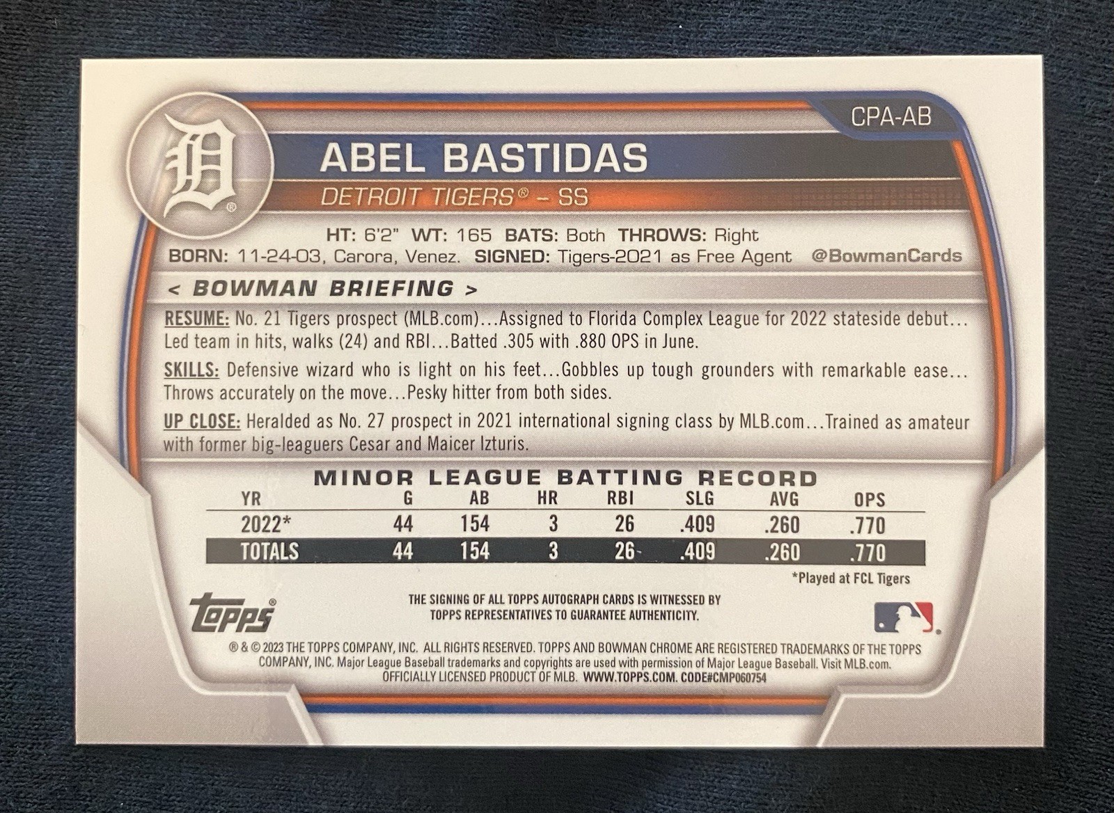 2023 Bowman – Chrome Prospect Autographs Abel Bastidas #CPA-AB ( RC)/Detroit