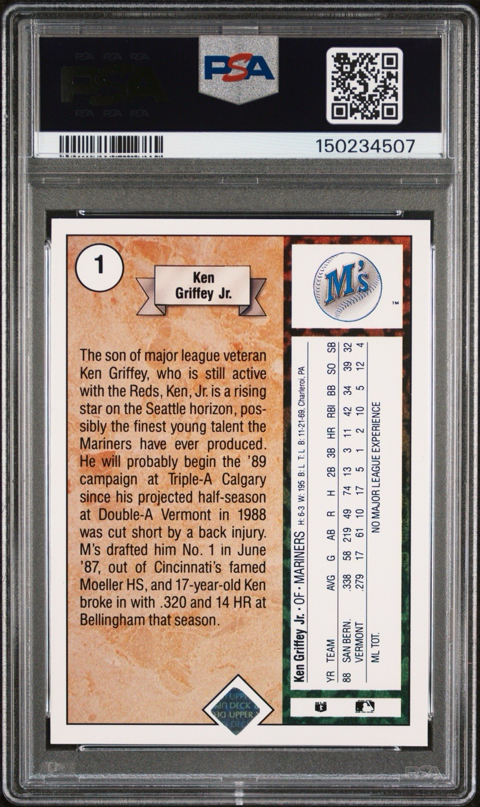 1989 KEN GRIFFEY JR UPPER DECK CENTERED + FRESHLY GRADED PSA 8 RC #1 ROOKIE