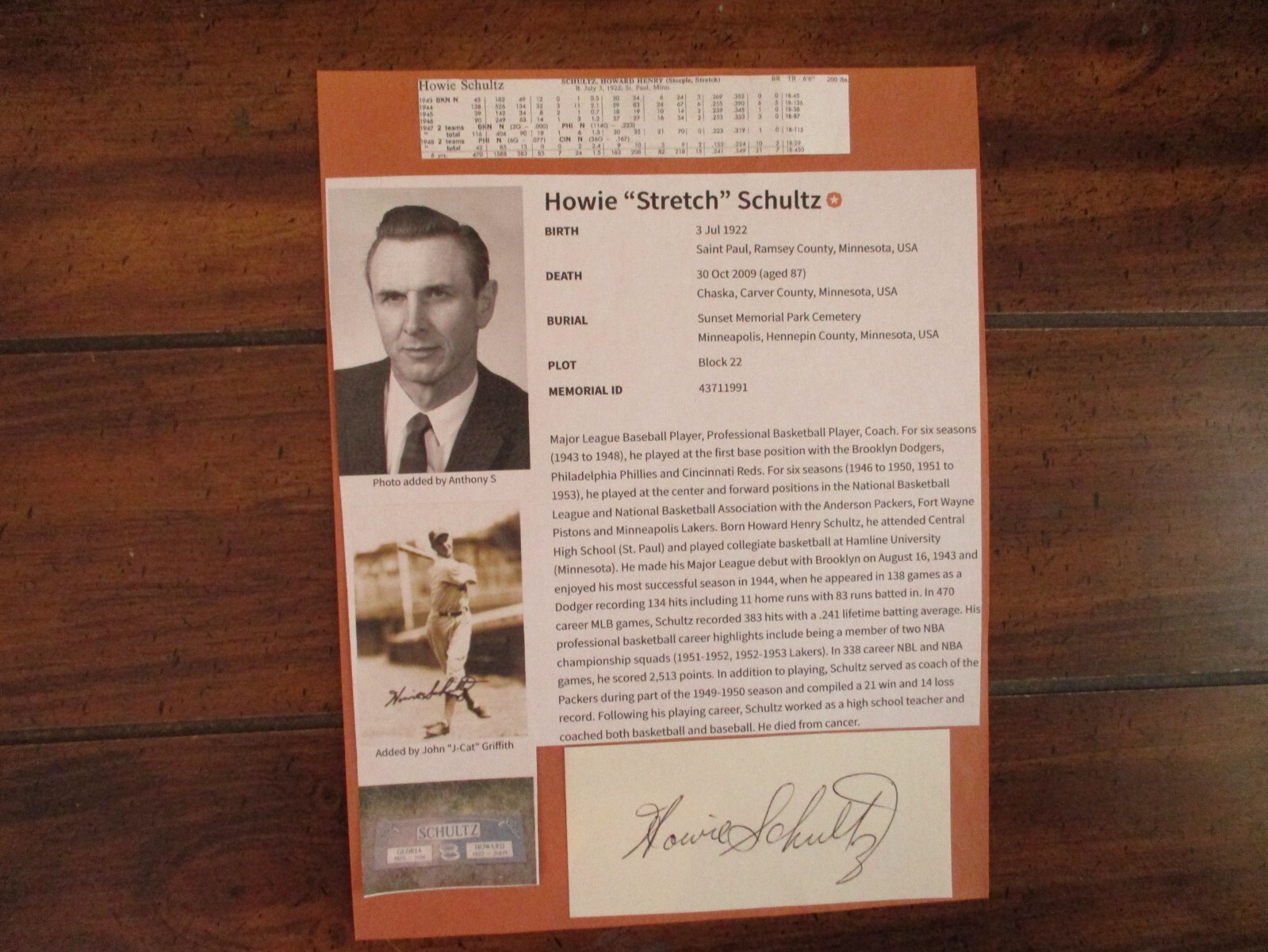 HOWIE SCHULTZ(D-07)Signed Trimmed Index Card w/8 x 11 Display w/Stats/Obit/Photo