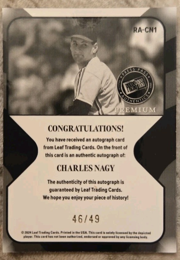 2024 Leaf Press Pass Premium Retro Auto 46/49 Charles Nagy #RA-CN1 Auto