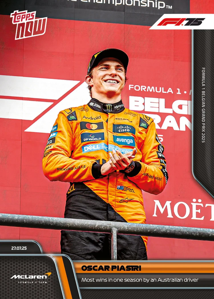 Oscar Piastri 2025 Topps Now Formula 1 #52 Most Wins by AUS Driver In Hand