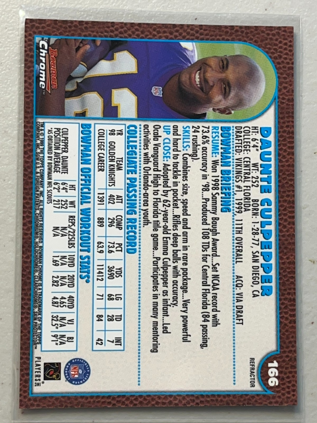 Daunte Culpepper 1999 Bowman Chrome Refractor Rookie Card RC #166 Vikings