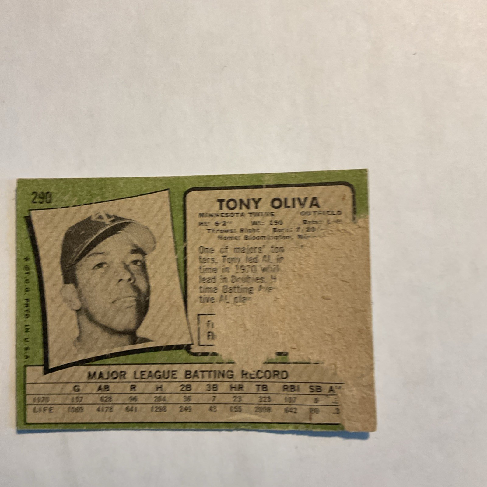 1971 Topps HOF Tony Oliva #290 Minnesota Twins Set Break Poor