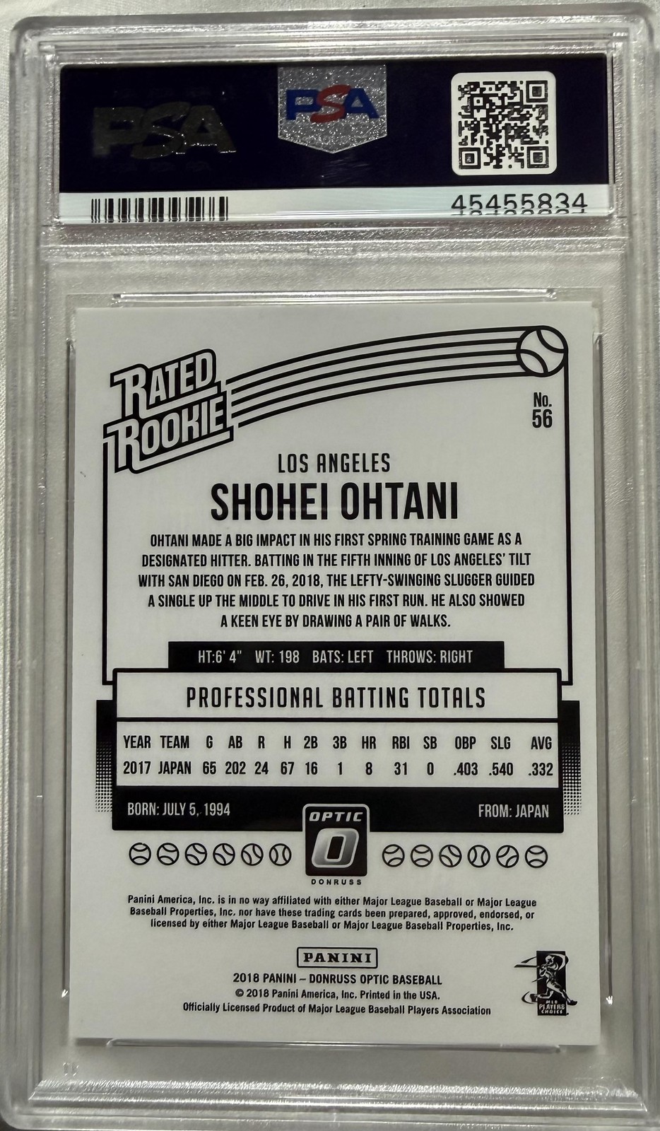 2018 Panini Donruss Optic #56 Shohei Ohtani PSA GEM MINT 10