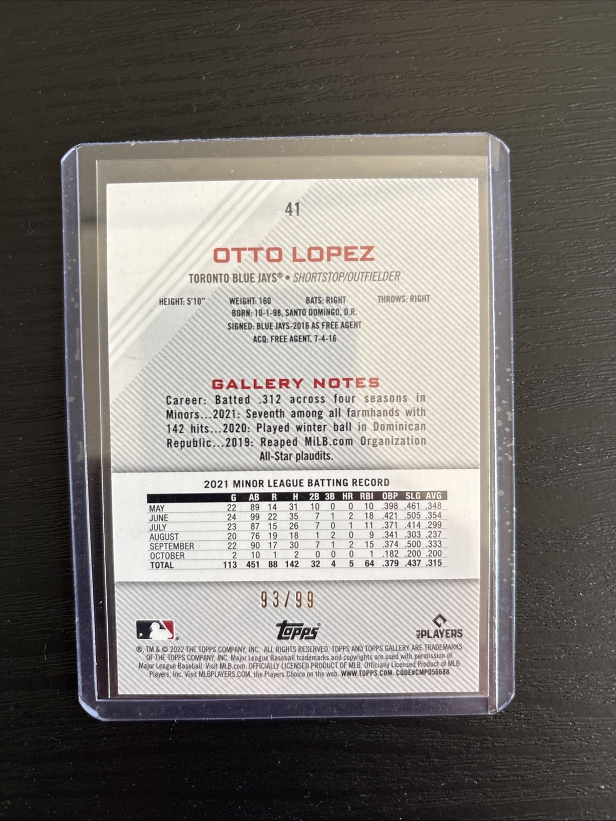 2022 Topps Gallery Green Pattern 93/99 Otto Lopez #41 Rookie RC 00ed
