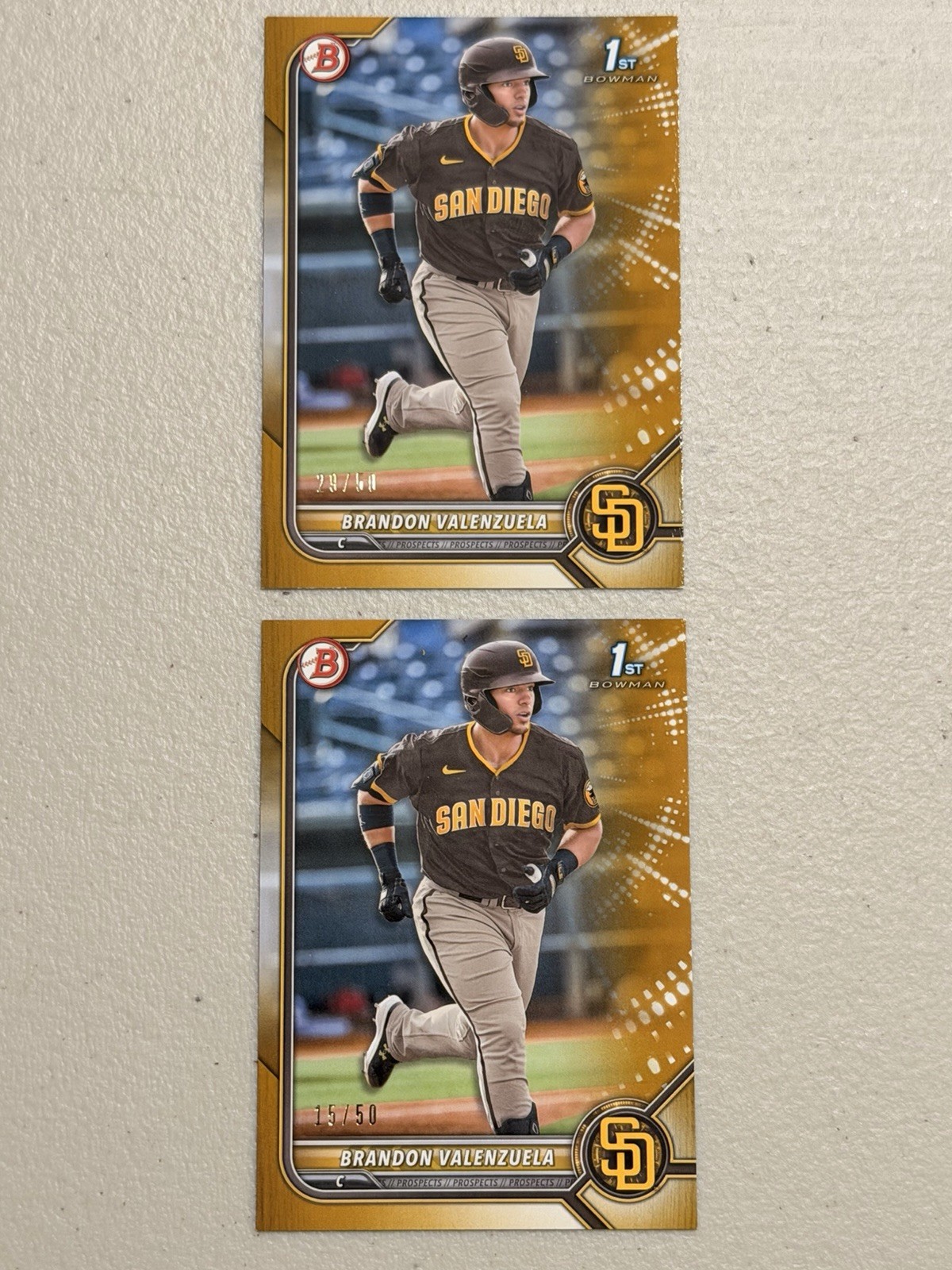 Lot 2x 2022 Bowman Prospect Gold Paper /50 Brandon Valenzuela 1st Bowman X2