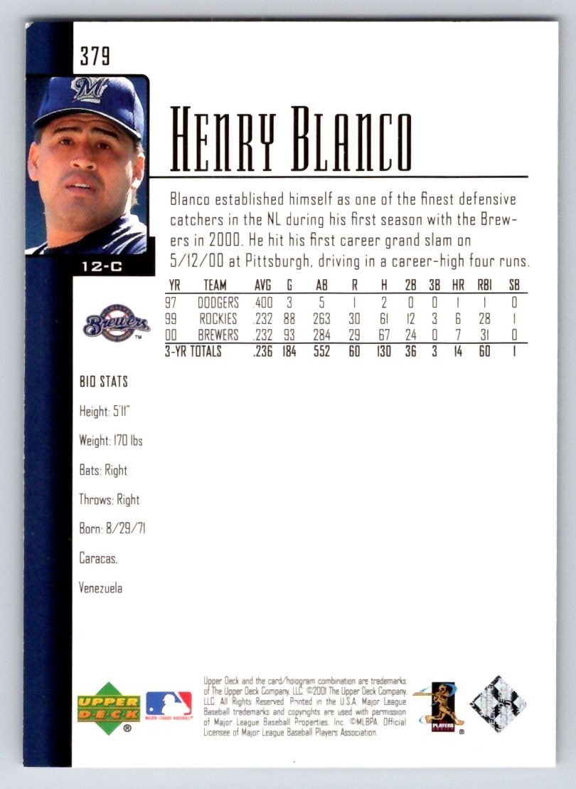 2001 Upper Deck – Henry Blanco #379 – Near Mint-Mint