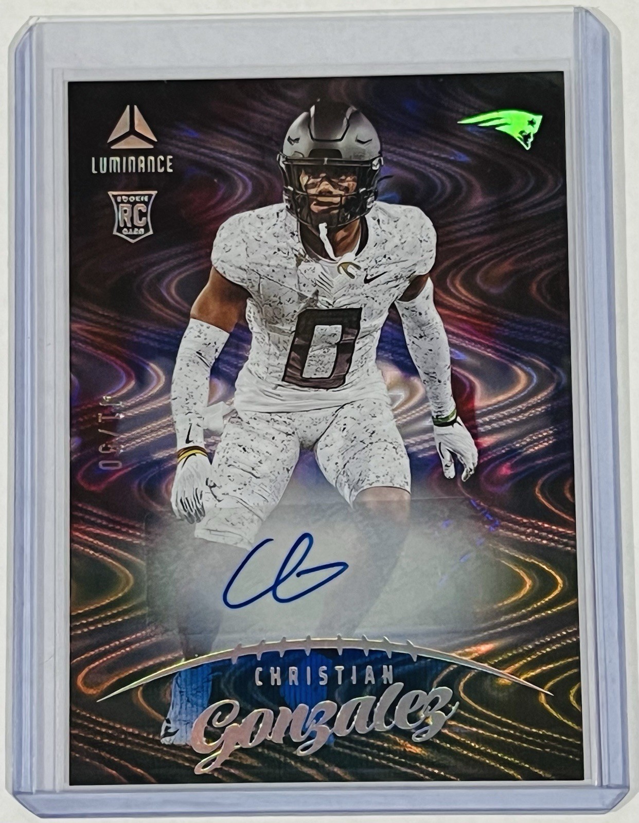 Christian Gonzalez 2023 Panini Luminance Blue Auto /50 Rookie Card Patriots