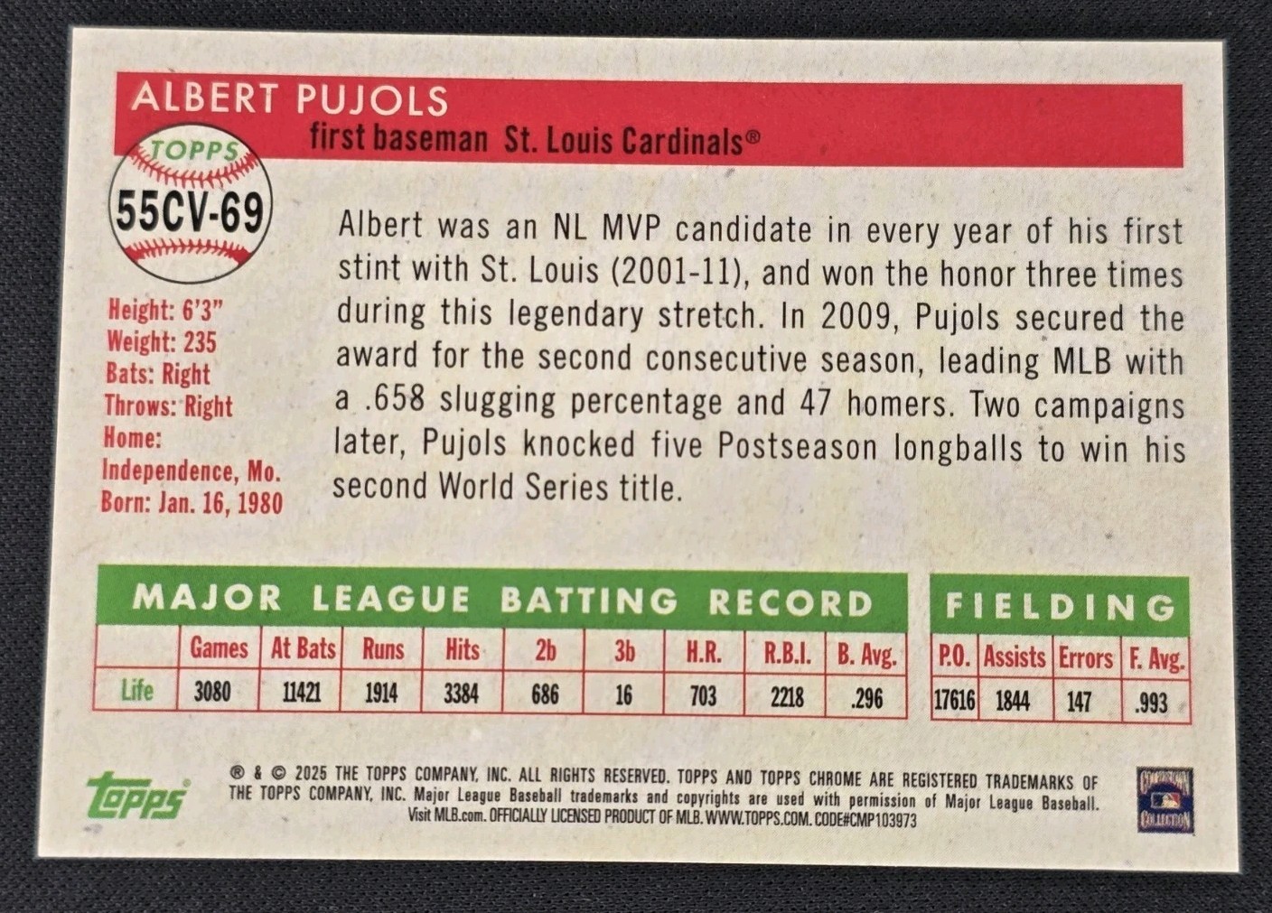 Albert Pujols Topps 2025 Chrome Platinum City Variation #55CV-69 – Cardinals