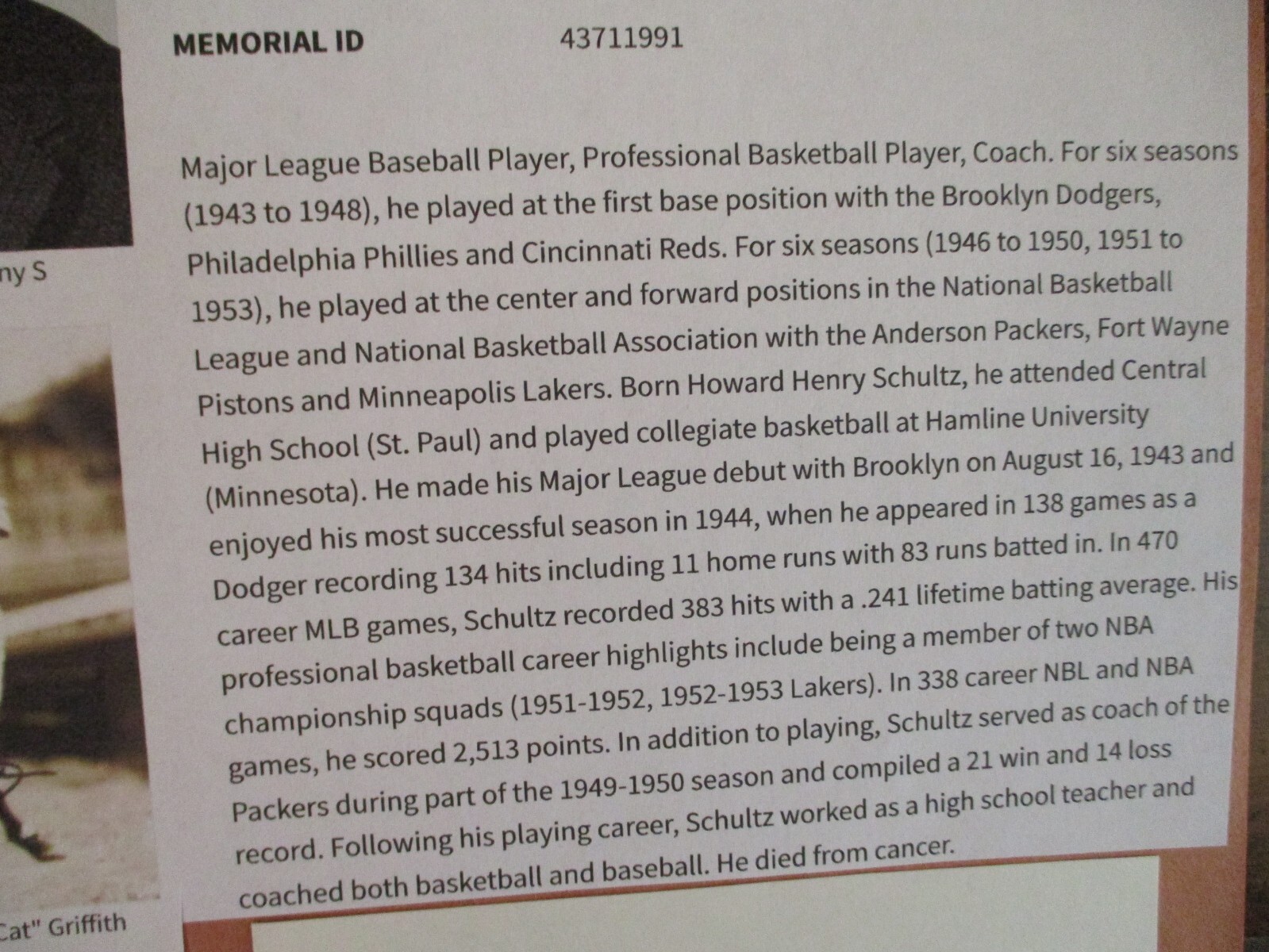 HOWIE SCHULTZ(D-07)Signed Trimmed Index Card w/8 x 11 Display w/Stats/Obit/Photo