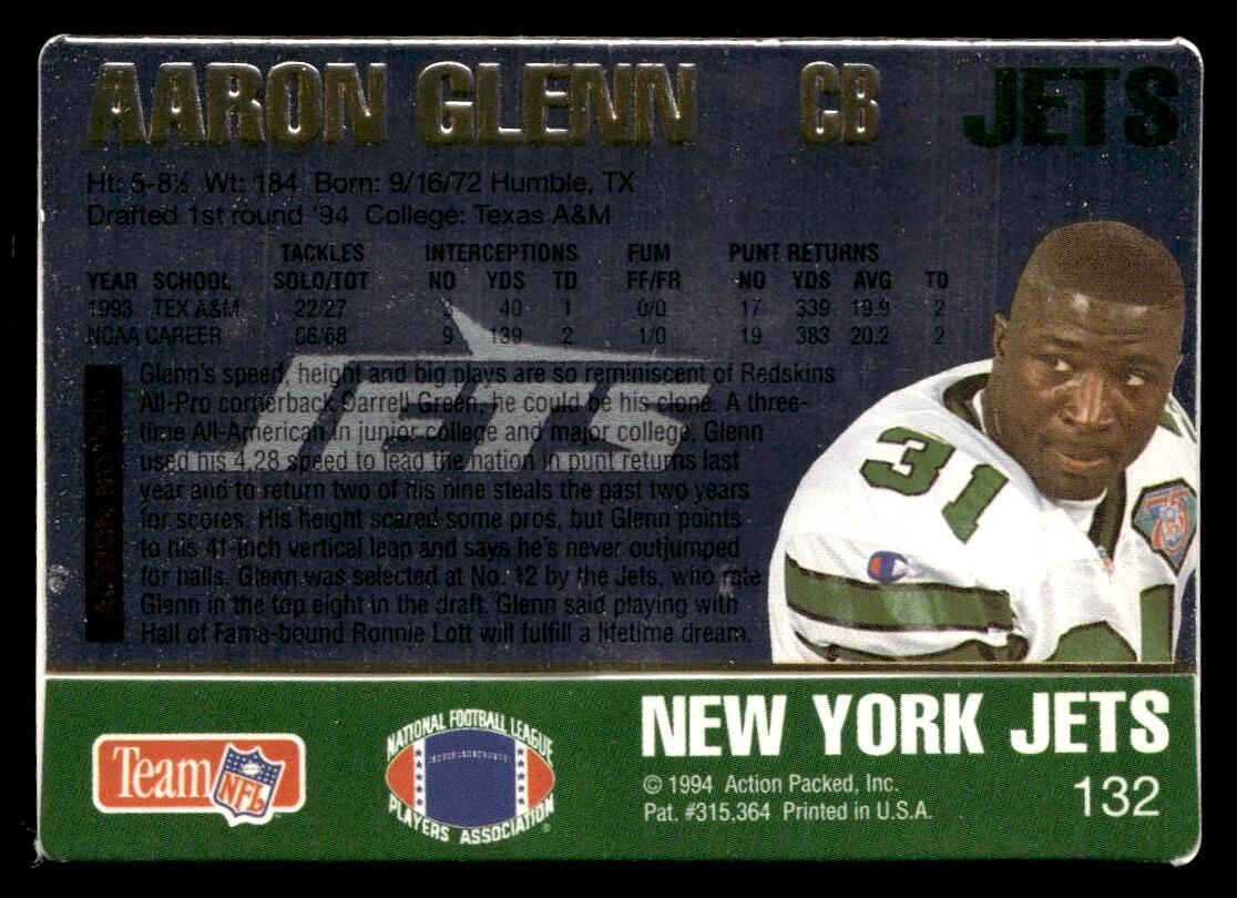Aaron Glenn 1994 Action Packed Rookie Card #132 New York Jets