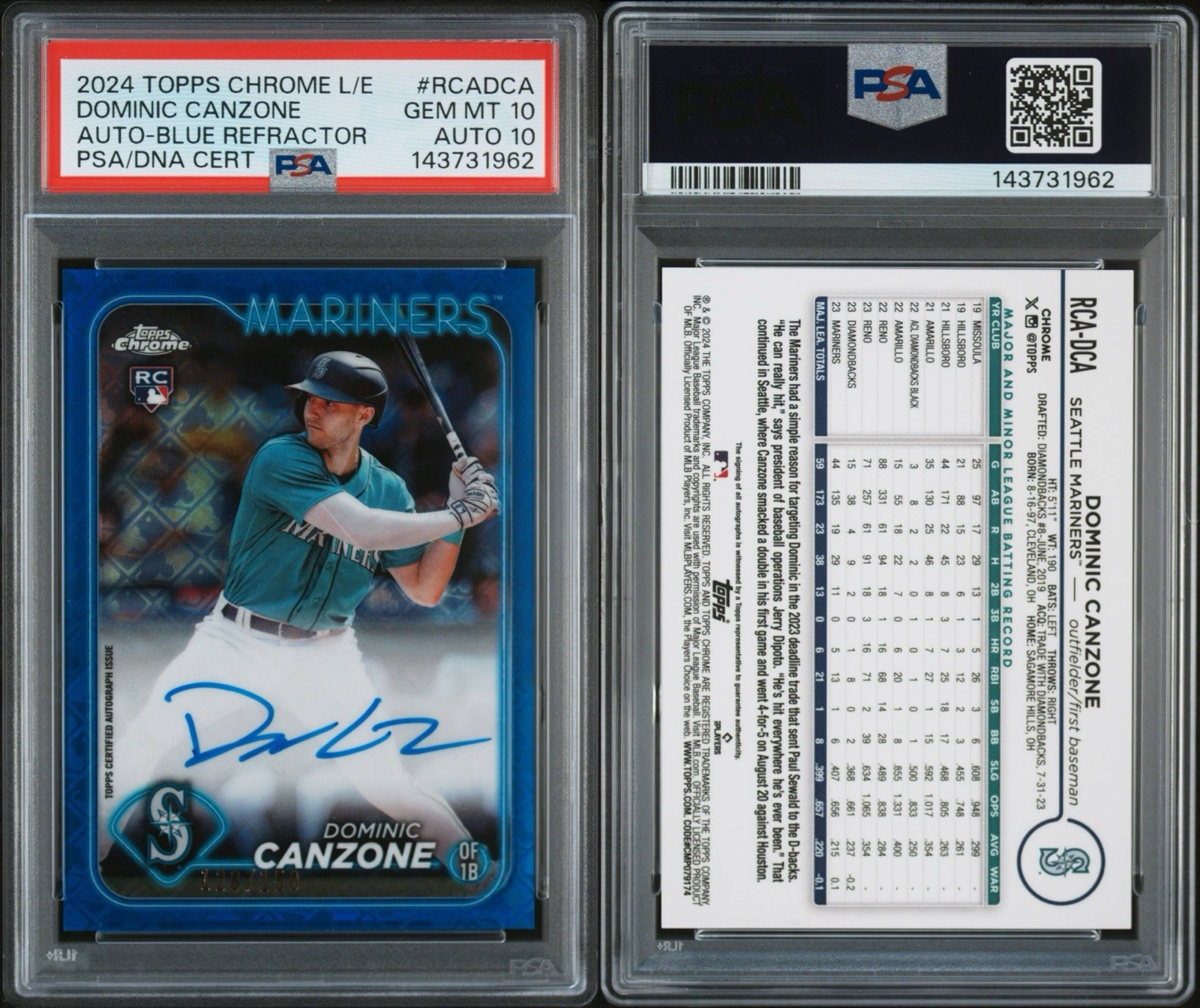 2024 Topps Chr Logo RC Dominic Canzone Auto Blue 150 Dual Graded PSA10/10/POP-1