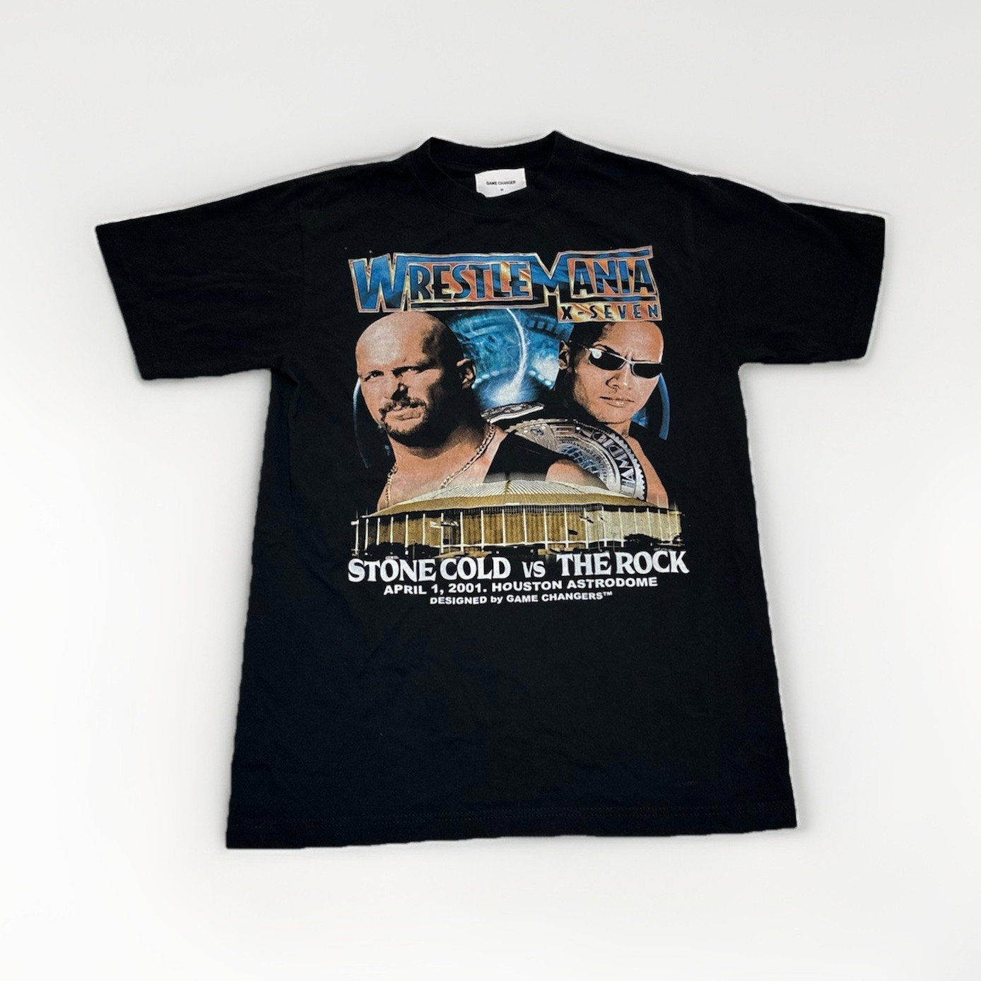 Game Changer WWE WrestleMania X-Seven Stone Cold vs The Rock Black T-Shirt M S18