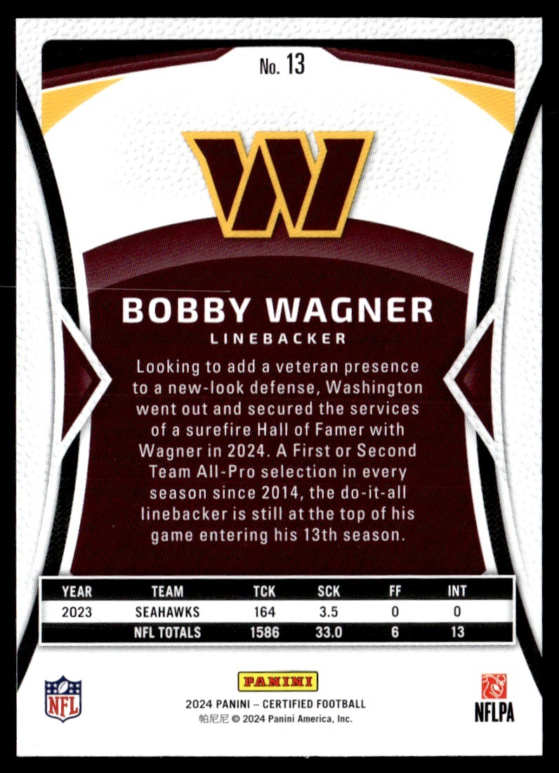 BOBBY WAGNER 2024 PANINI CERTIFIED WASHINGTON COMMANDERS #13