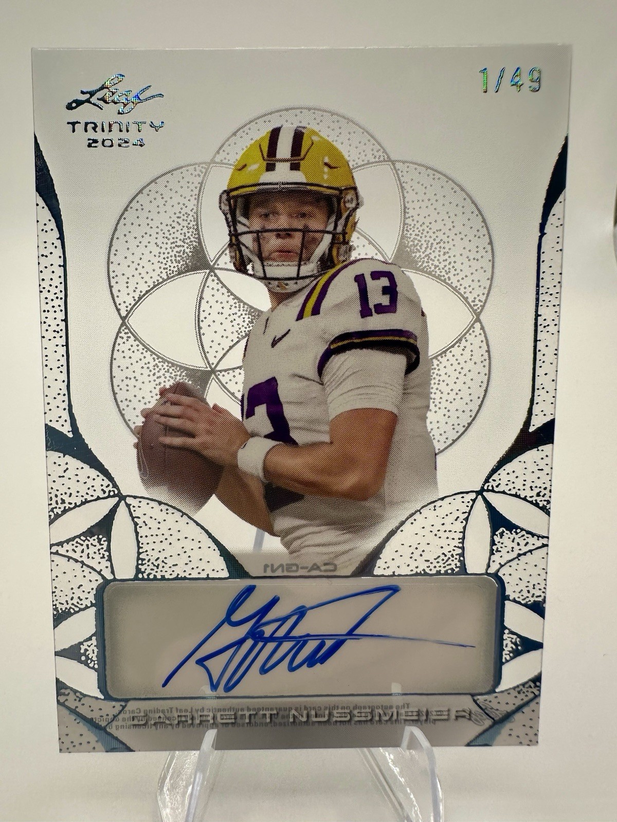 2024 Leaf Trinity Clear 1/49 Garrett Nussmeier Light Blue Auto LSU Tigers (AU)