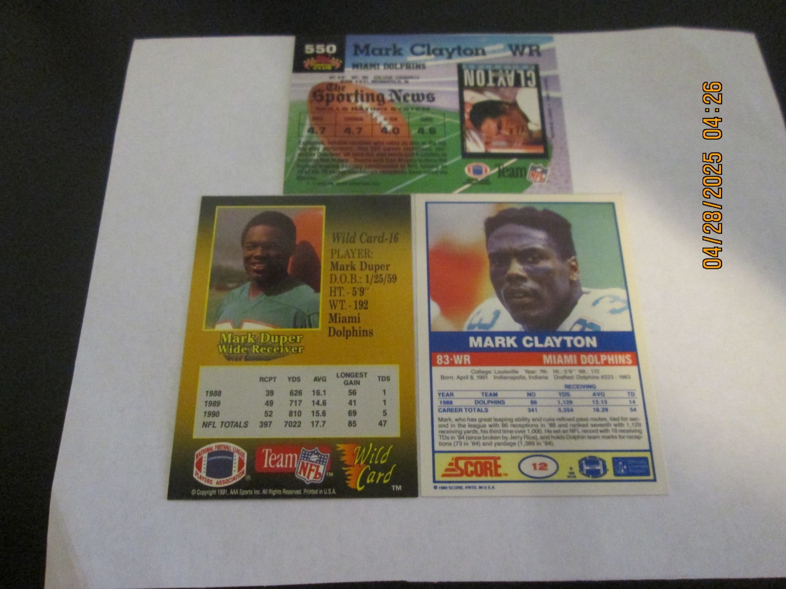 MARK CLAYTON DOLPHINS ASSORTED YEARS TOPPS, SCORE, WILD CARD CARDS #550, 12, 16