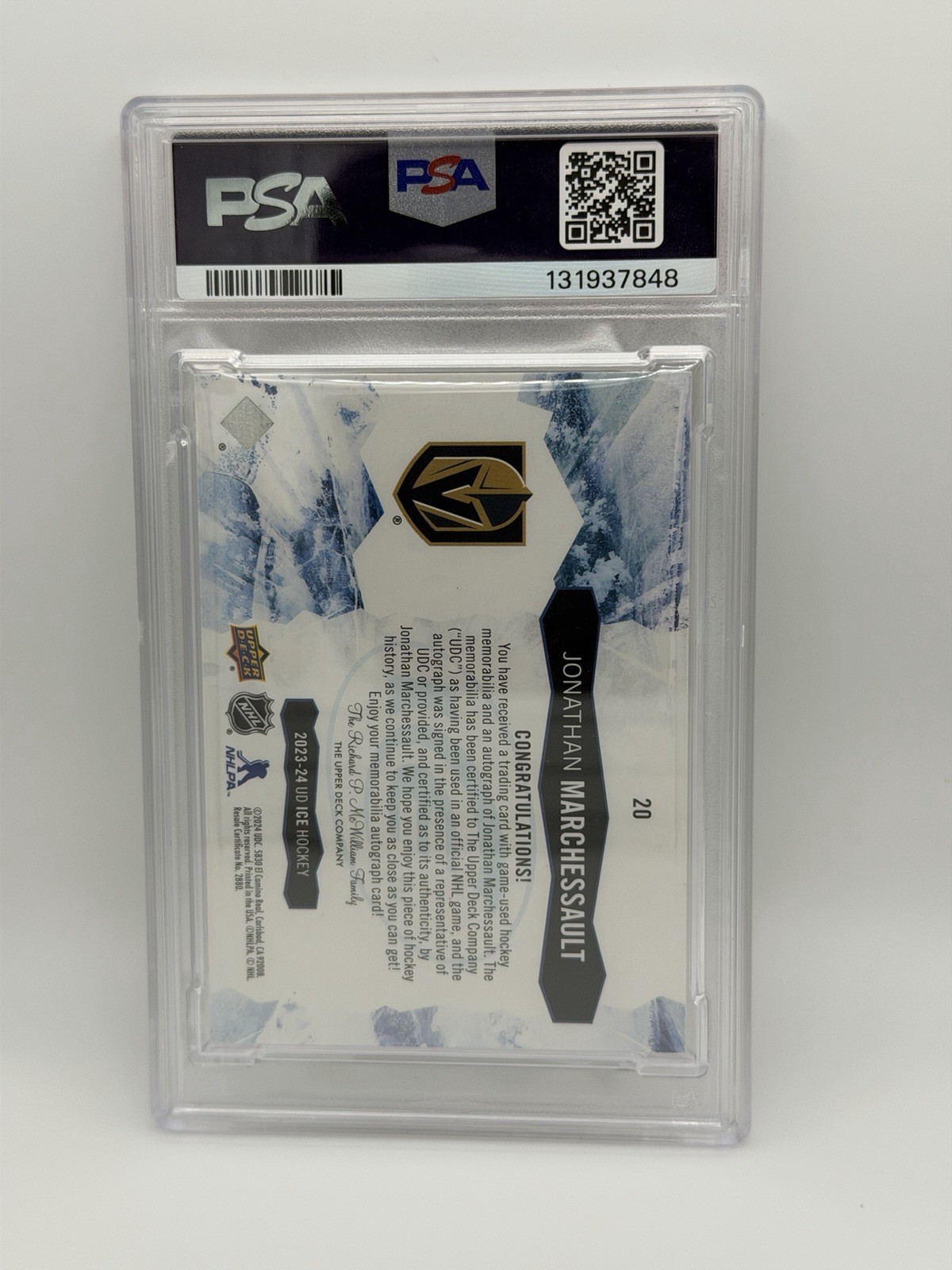 Upper Deck 2023-24 Ice Jonathan Marchessault #20 Gold Patch Auto /41 PSA 7