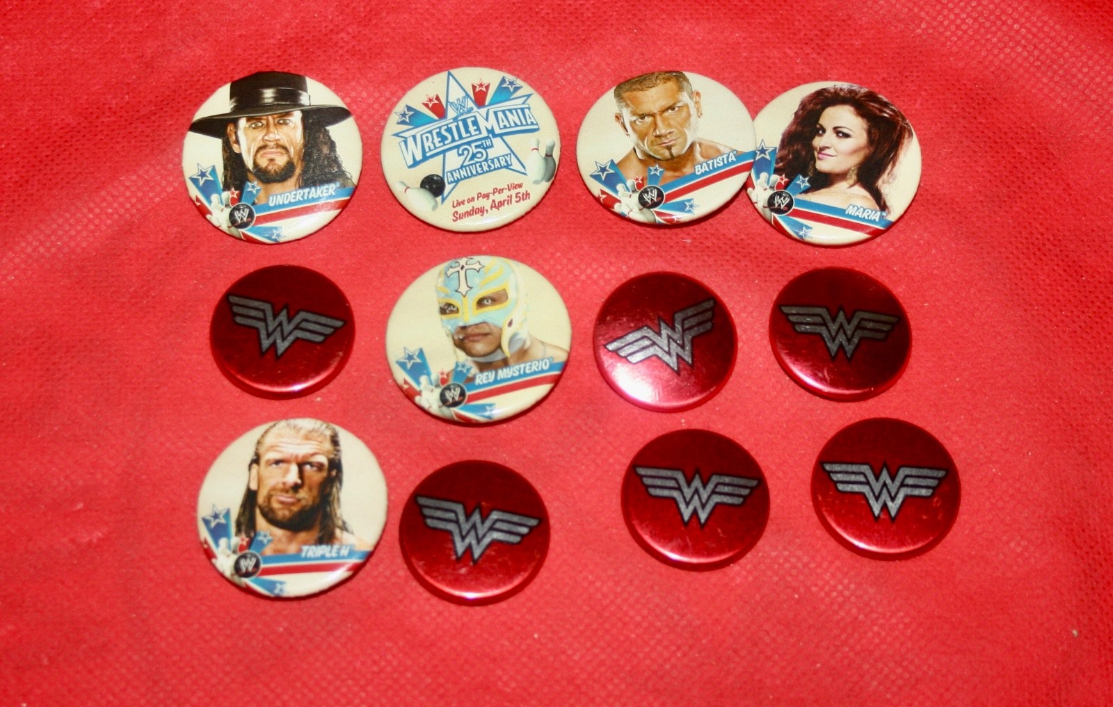 12 Assorted WWF WrestleMania 25th Anny Pinback Type Buttons – FREE SHIPPING