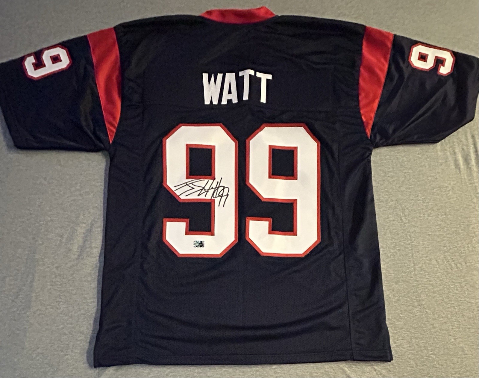 J.J. Watt Signed Custom Texans Colors Football Jersey AUTO Watt Player Hologram