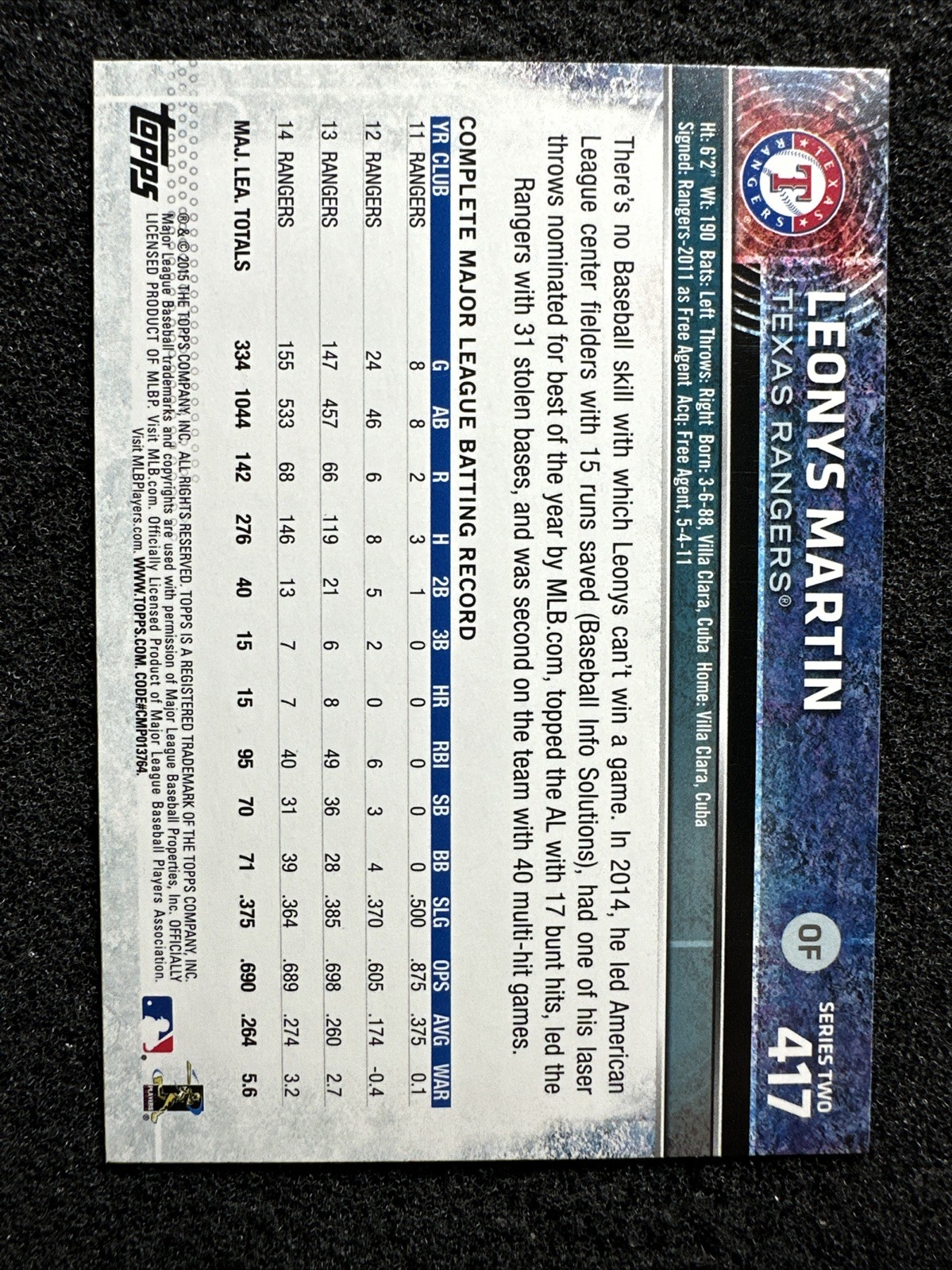 LEONYS MARTIN #417 2015 Topps Baseball QTY Texas Rangers