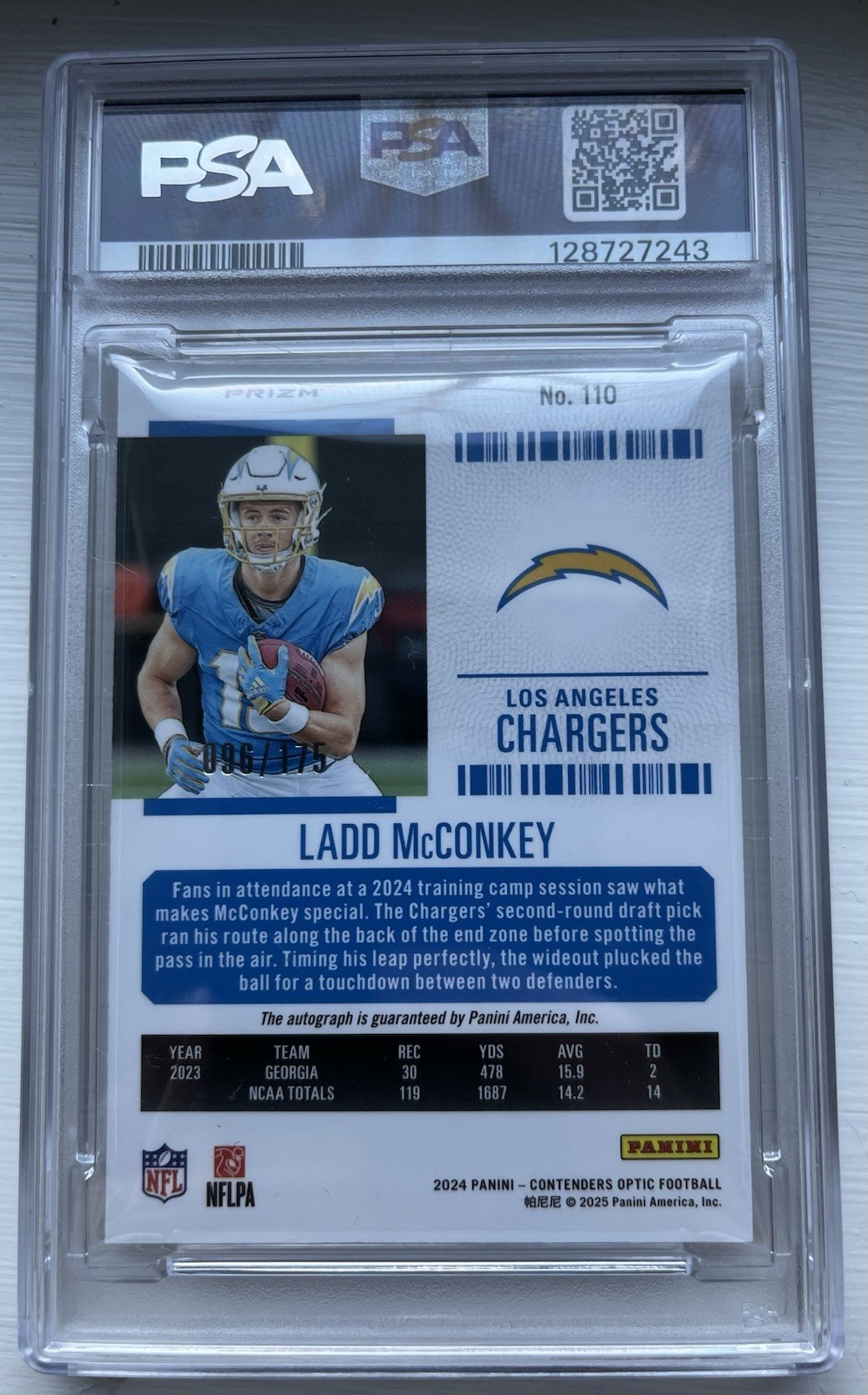 2024 Panini Contenders – Rookie Ticket Autograph Ladd McConkey Red 096/175 PSA 9