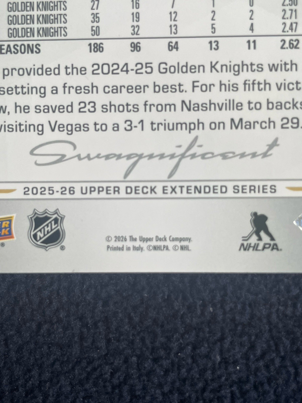 Upper Deck 2025-26 Extended Swagnificent Adin Hill #635 (SSP) Golden Knights