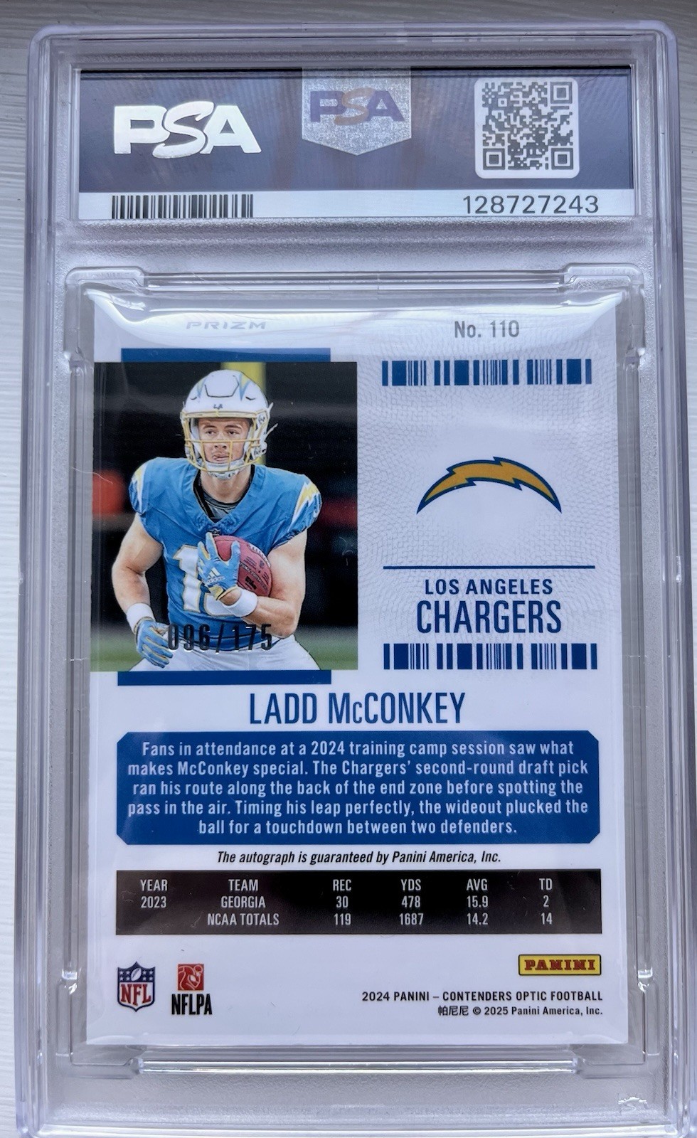 2024 Panini Contenders – Rookie Ticket Autograph Ladd McConkey Red 096/175 PSA 9