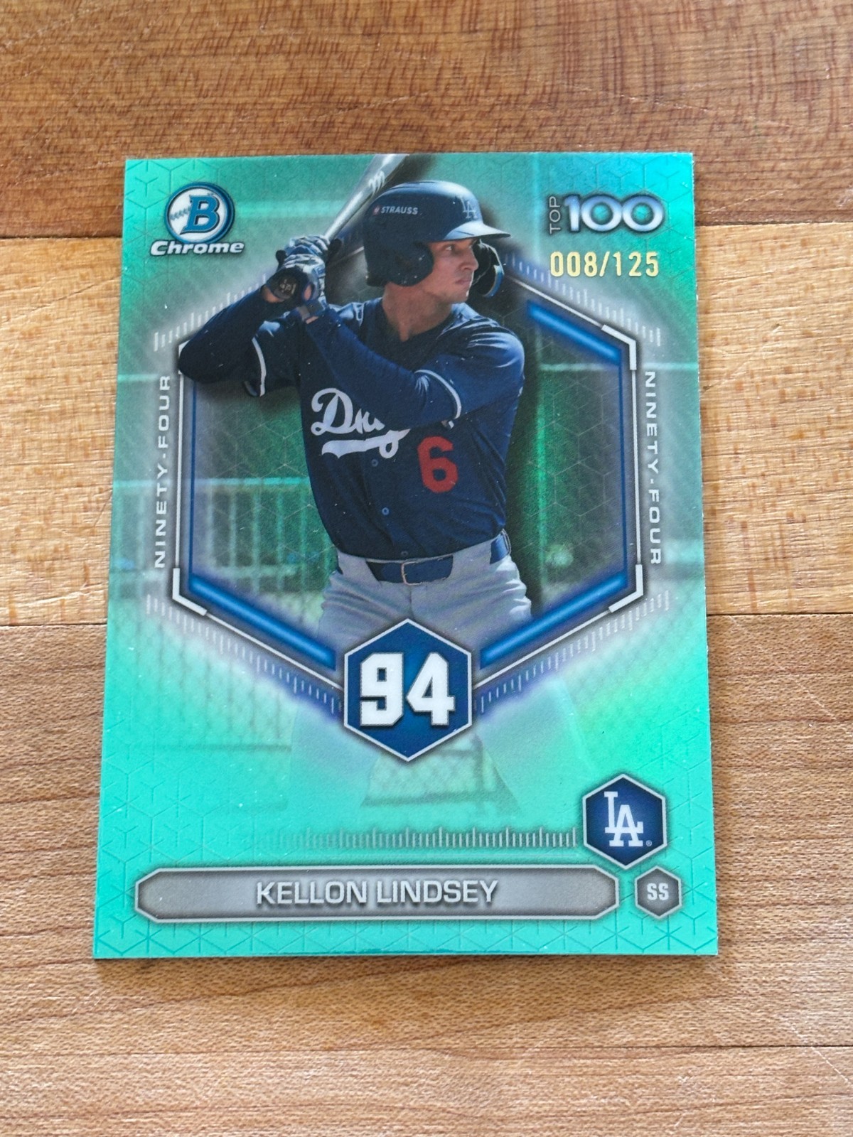 2026 BOWMAN CHROME KELLON LINDSEY 008/125 AQUA REFRACTOR TOP 100 LA DODGERS