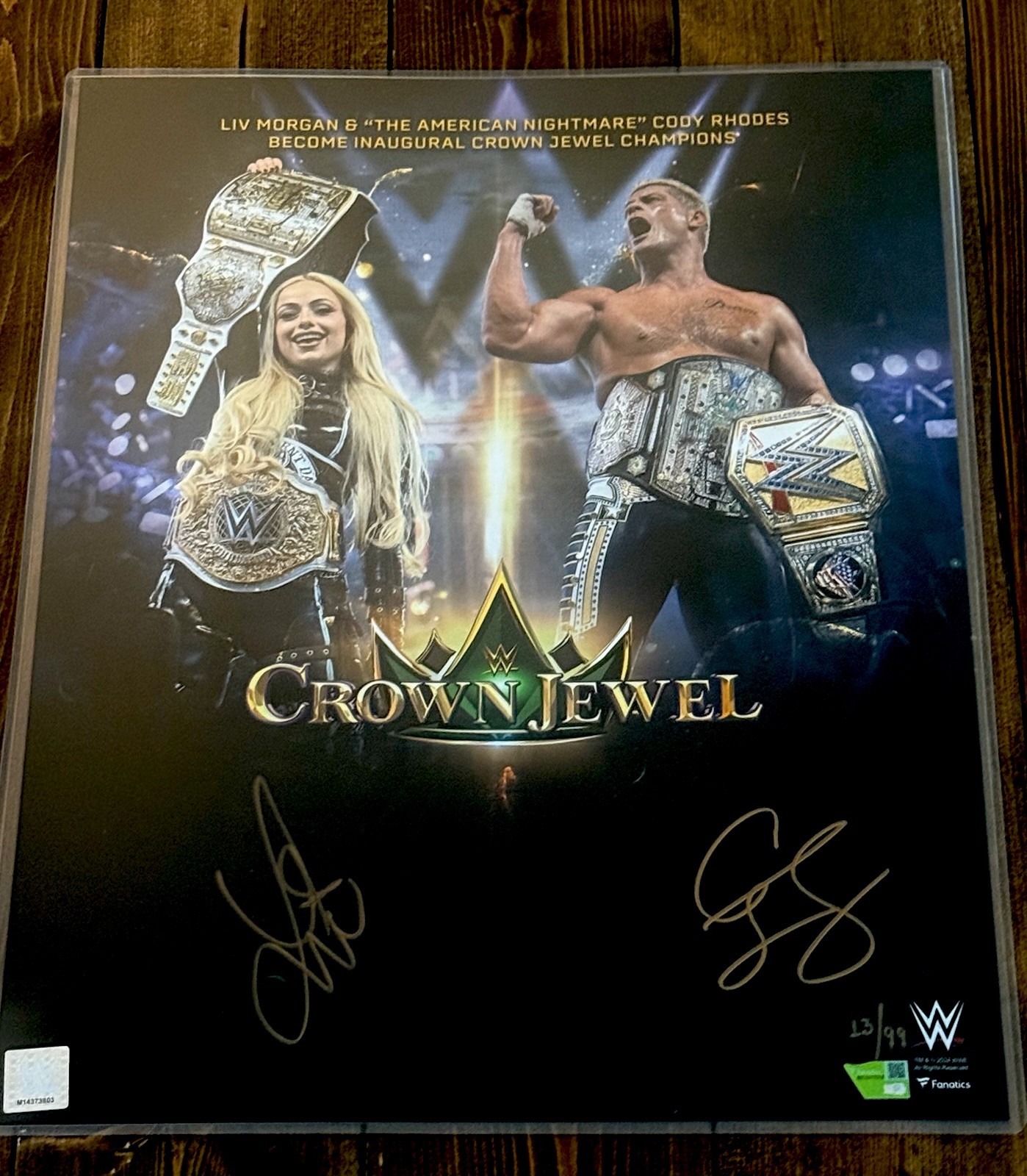 Cody Rhodes & Liv Morgan WWE Auto Signed 16×20 Photo Crown Jewel Champions 13/99