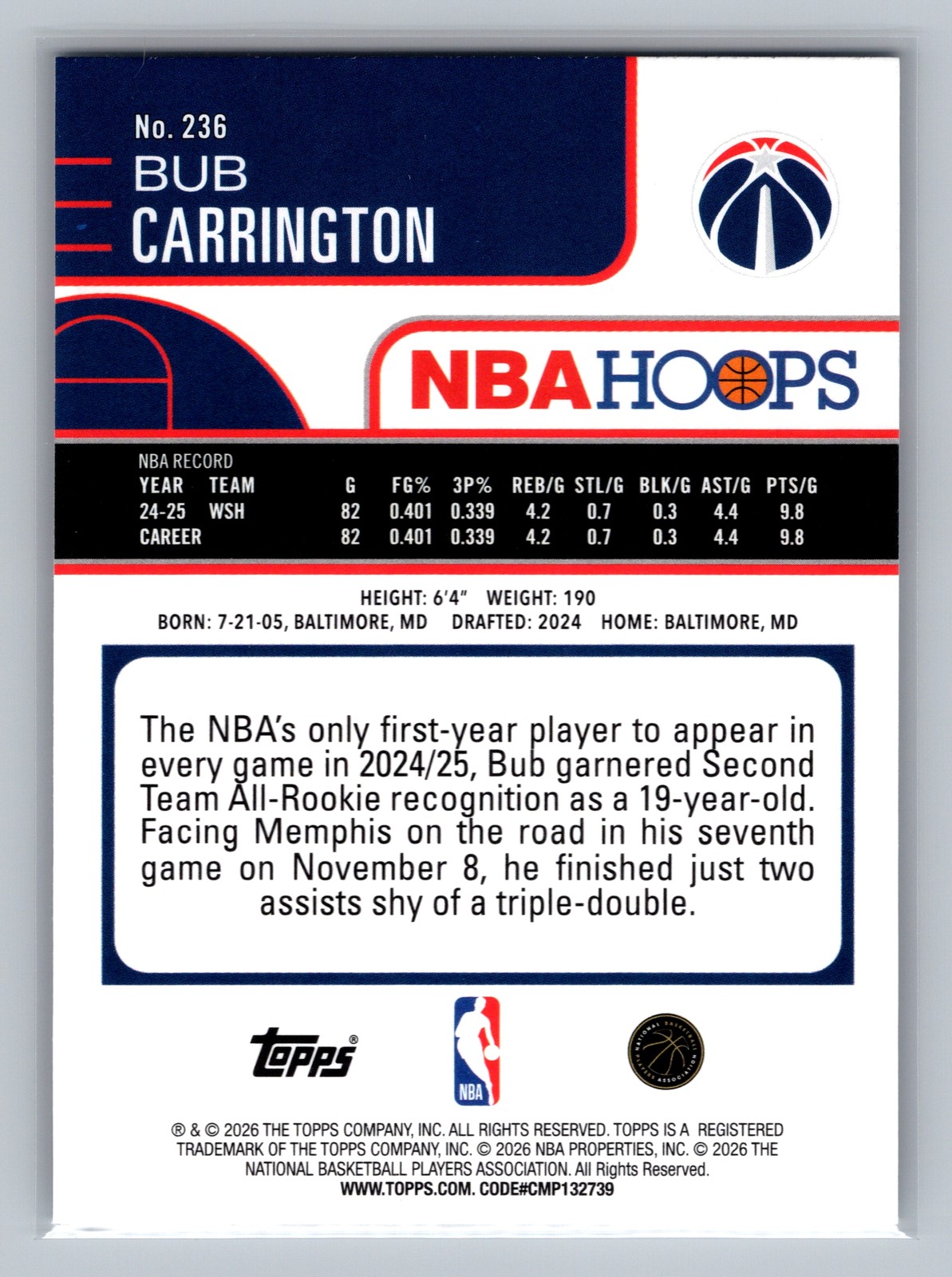 2025-26 Topps NBA Hoops BUB CARRINGTON #236 Washington Wizards