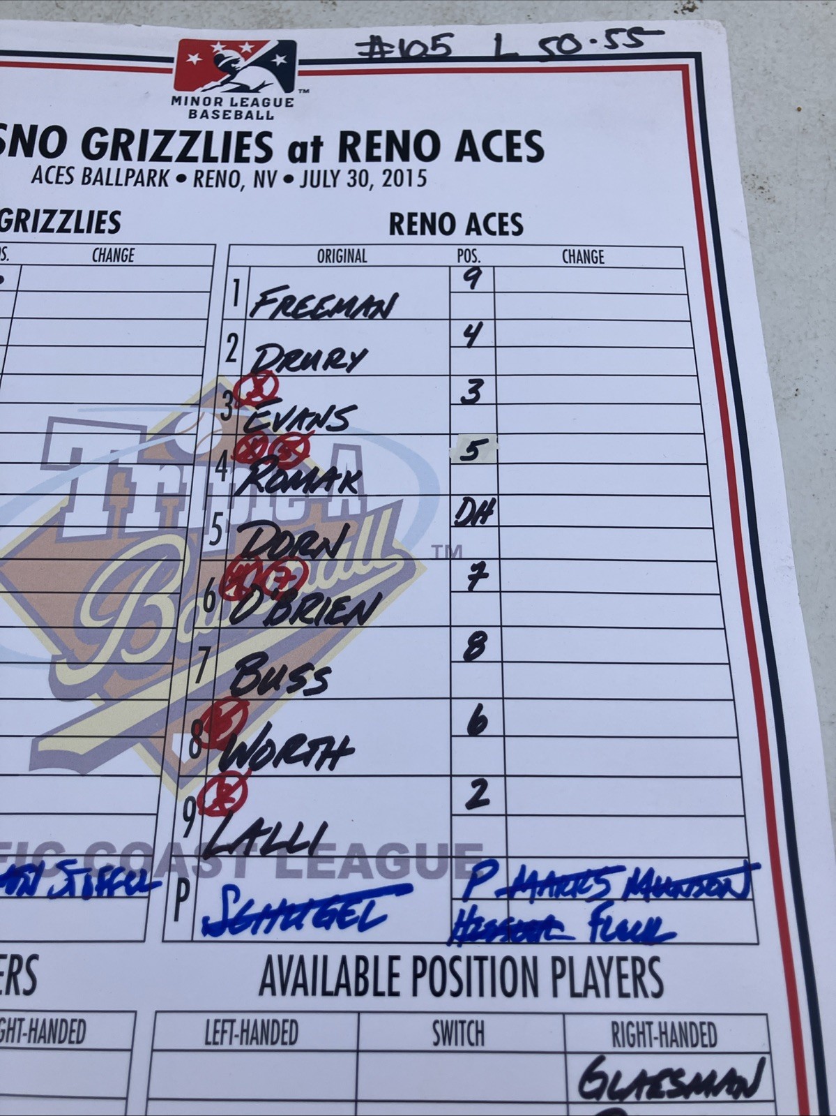 Minor-league baseball lineup card signed by Phil Nevin Mgr. Reno Aces Vs Fresno
