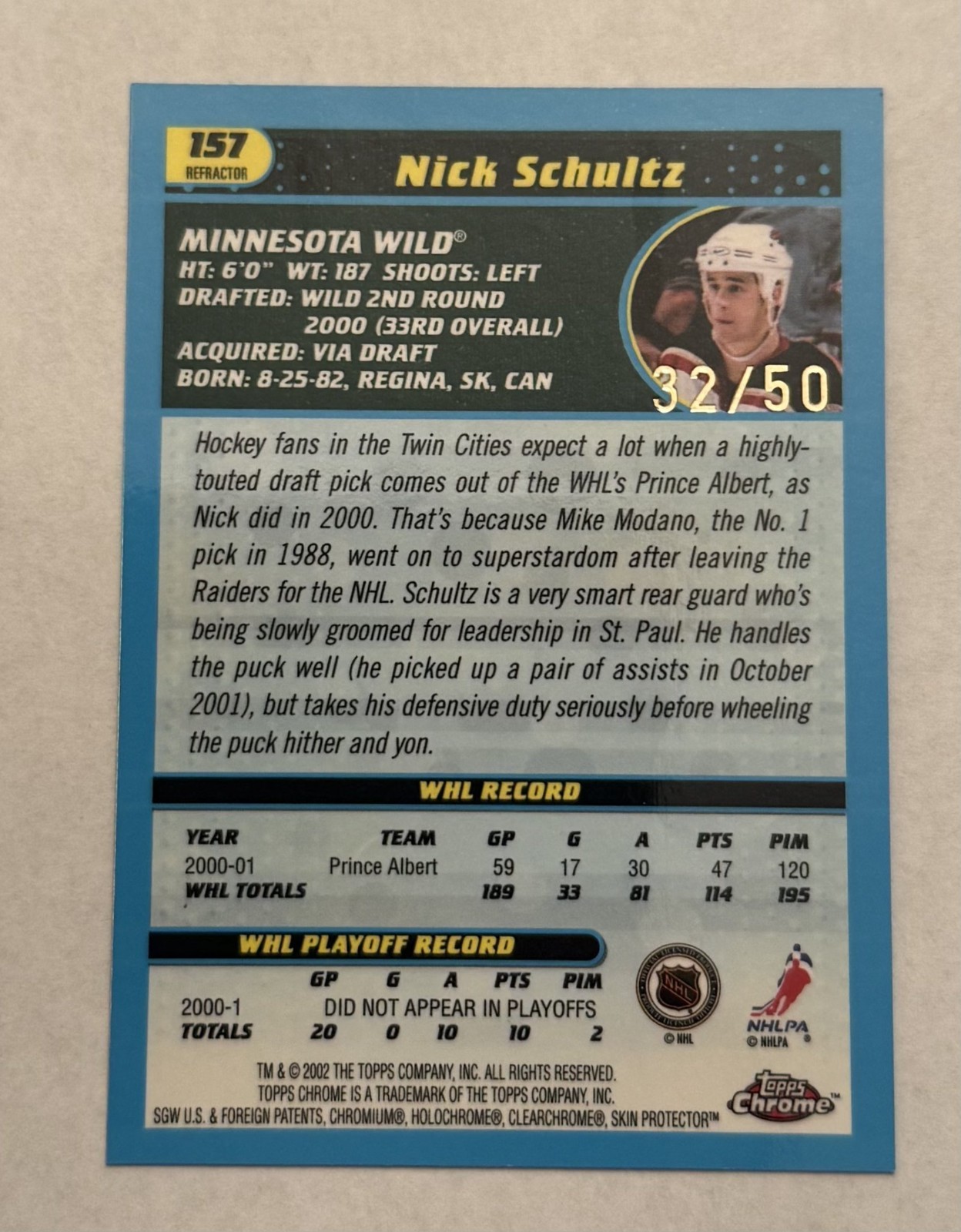 2001-02 Topps Chrome #157 Nick Schultz Black Border Refractors #/50