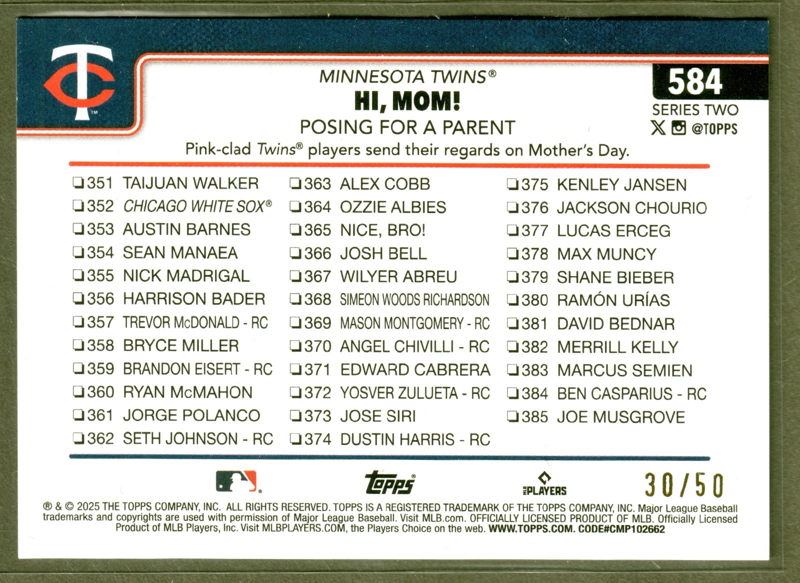 2025 Topps Series 2 Posing for a Parent Gold Rainbow Foil #/50 Twins SP