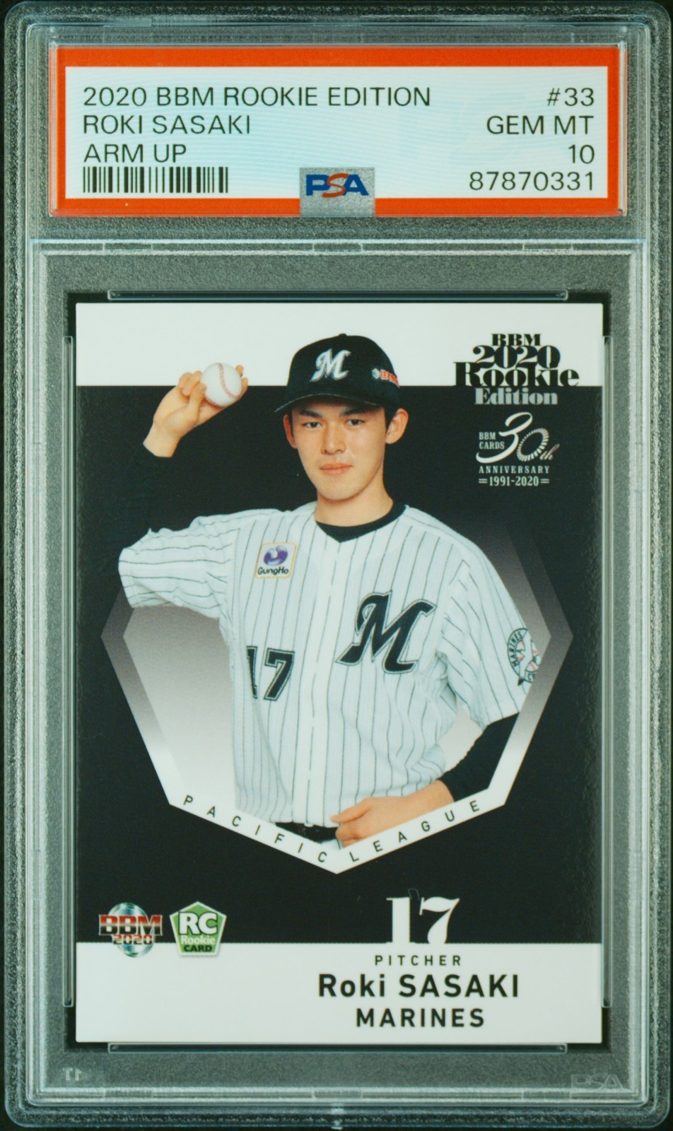 2020 BBM Rookie Edition Roki Sasaki Arm Up PSA 10 GEM MINT 33 RC Marines Dodgers