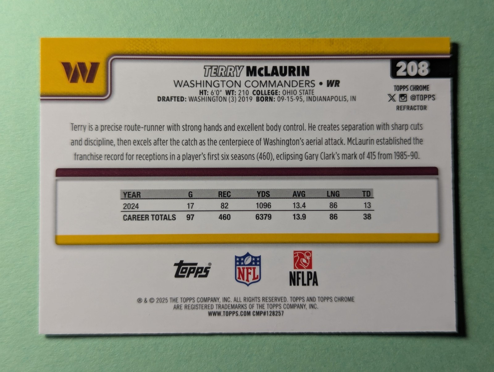 2025 TOPPS CHROME FOOTBALL TERRY MCLAURIN REFRACTOR PARALLEL CARD 208