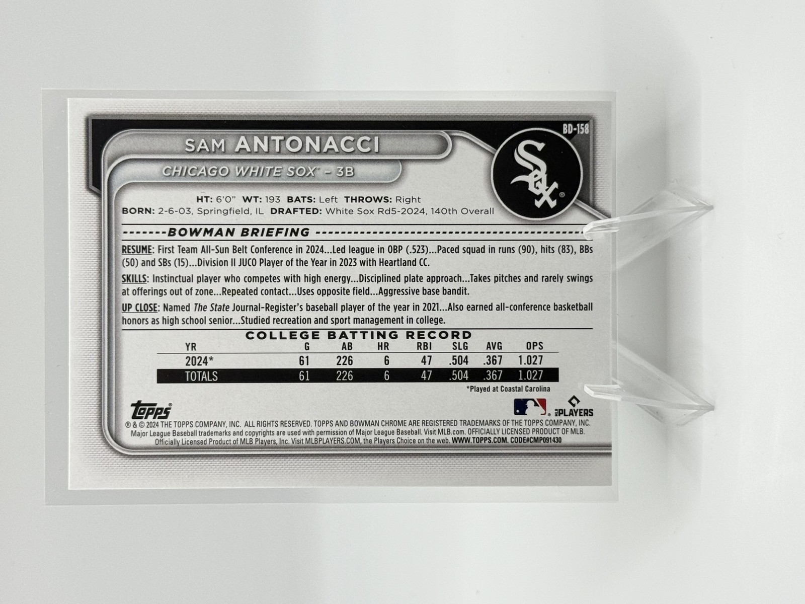 2024 Bowman Baseball Draft Sam Antonacci #BD-158 1st Prospect Chicago White Sox